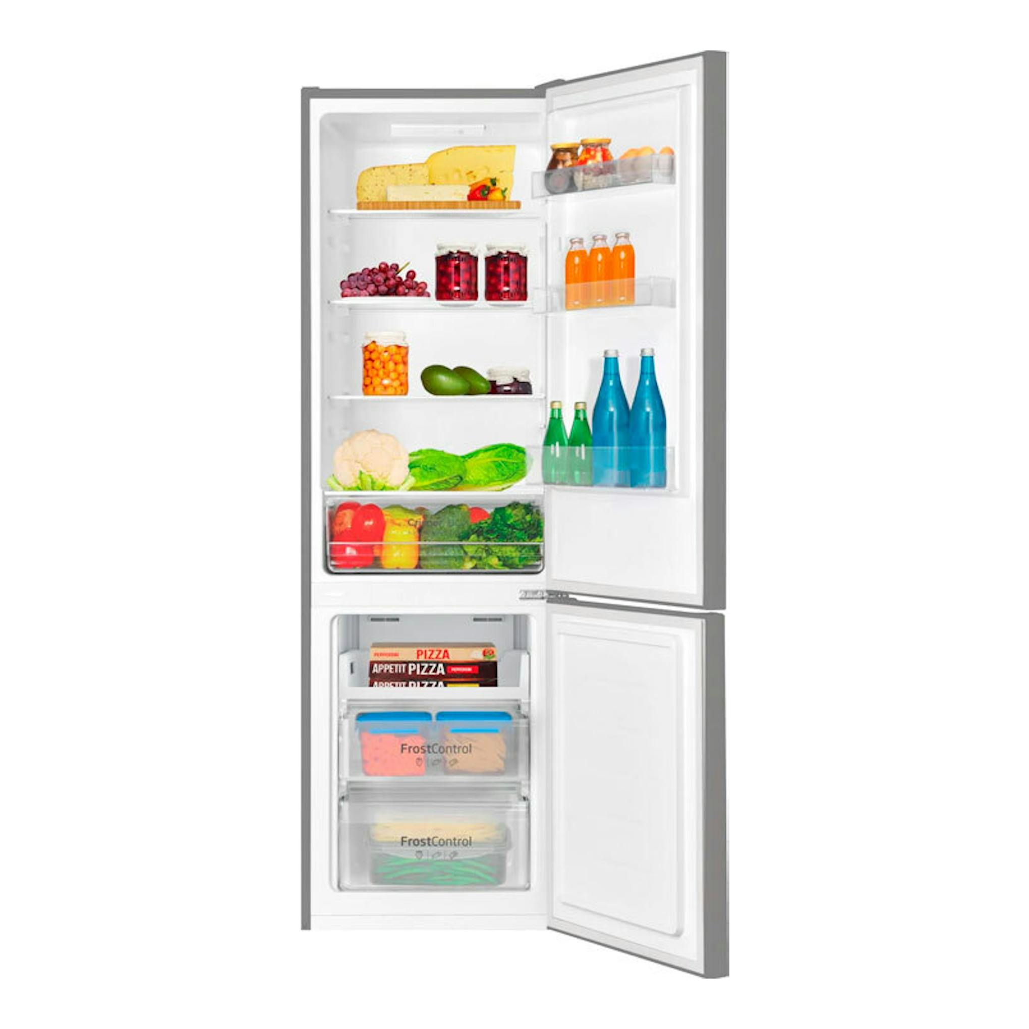 Frigorífico combi Fagor 3FFK-5510X inox, vista frontal abierta con estantes y cajones llenos.