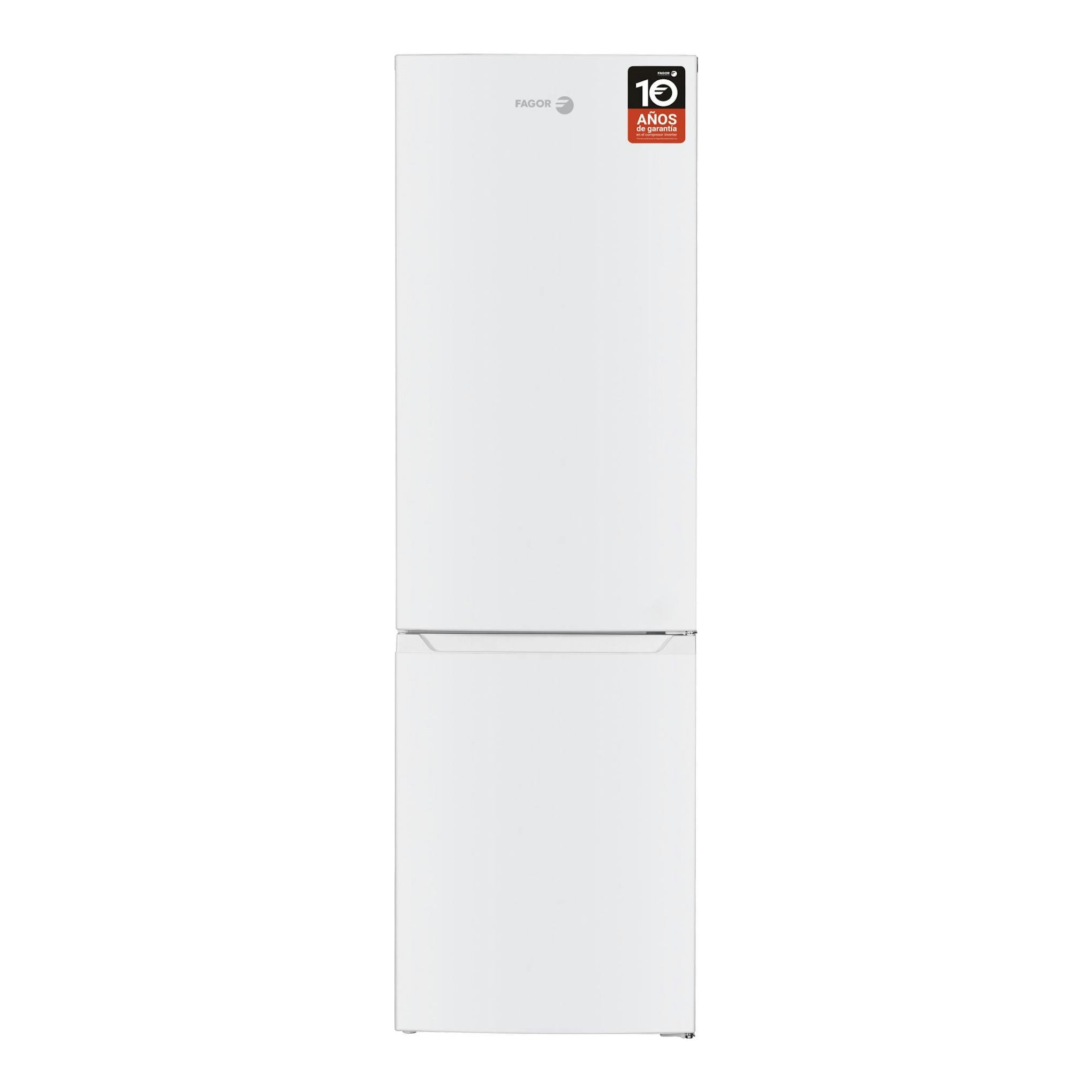 Frigorífico combi Fagor 3FFK-5527 blanco, vista frontal, con logo Fagor y sello de 10 años de garantía.
