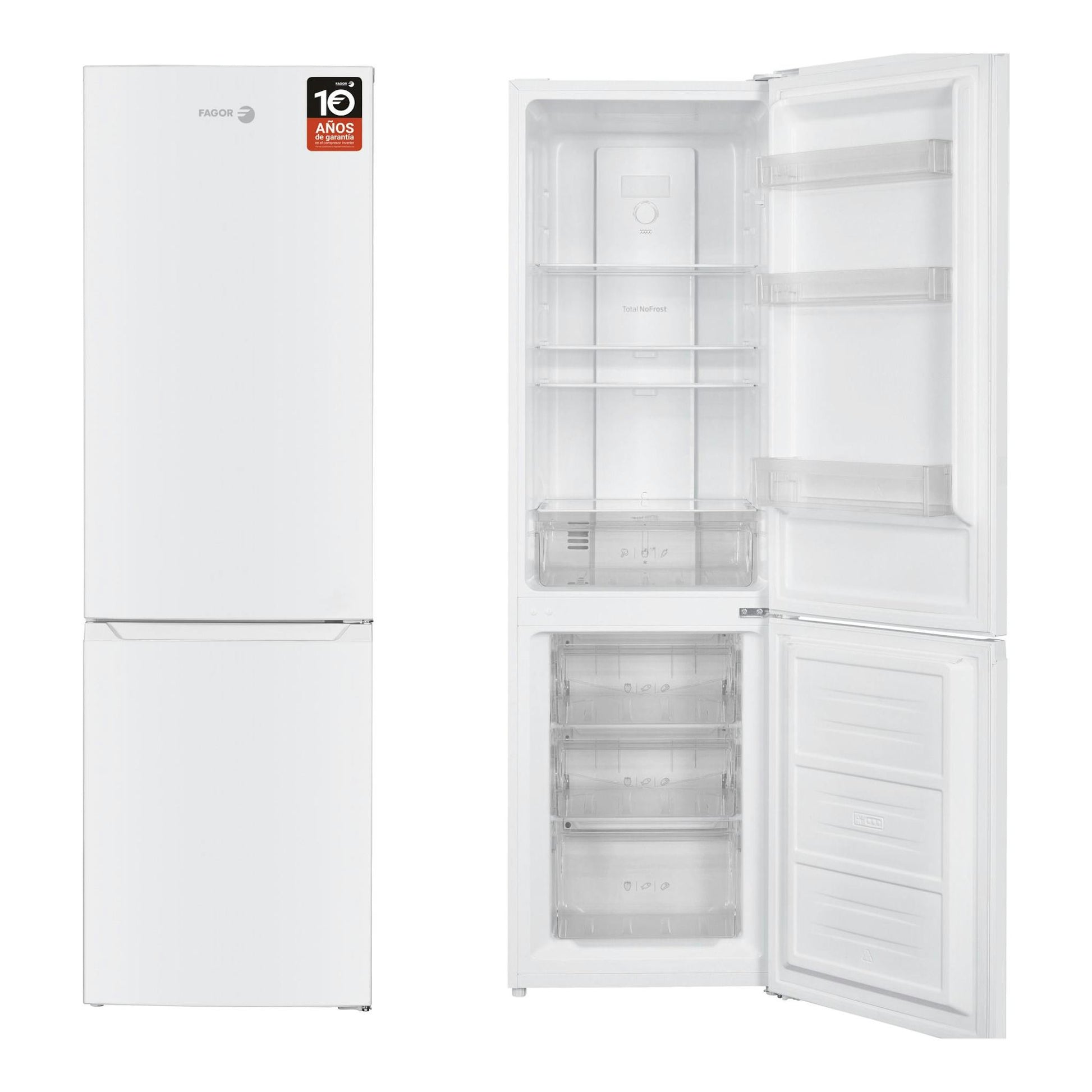 Frigorífico combi Fagor 3FFK-5527 blanco, vista frontal y puertas abiertas mostrando el interior.