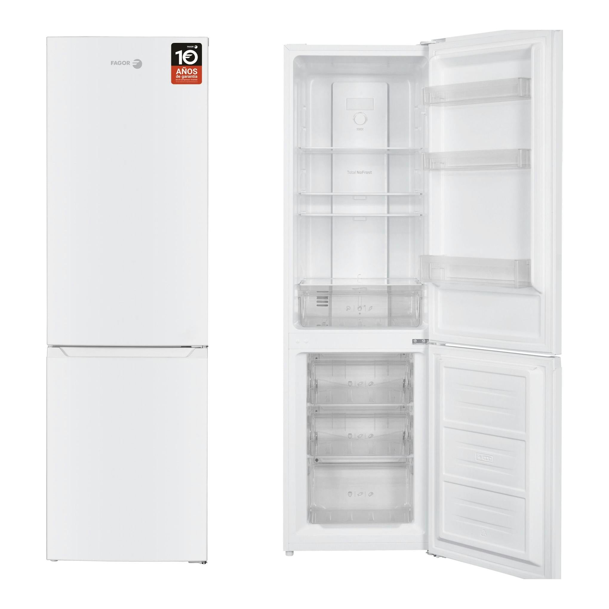 Frigorífico combi Fagor 3FFK-5527 blanco, vista frontal y puertas abiertas mostrando el interior.