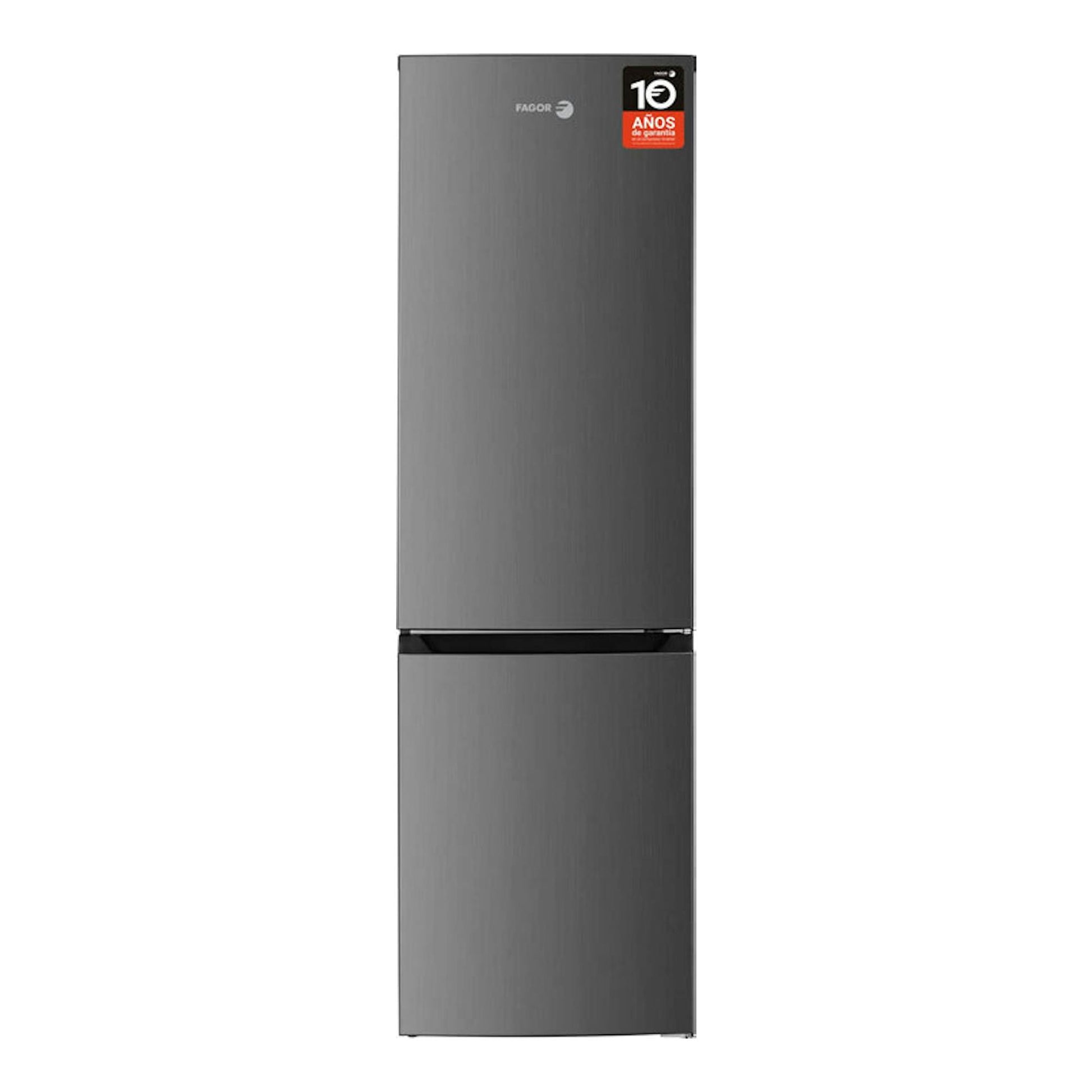 Frigorífico combi Fagor 3FFK-5527X inox, vista frontal, acabado gris acero, con congelador inferior.