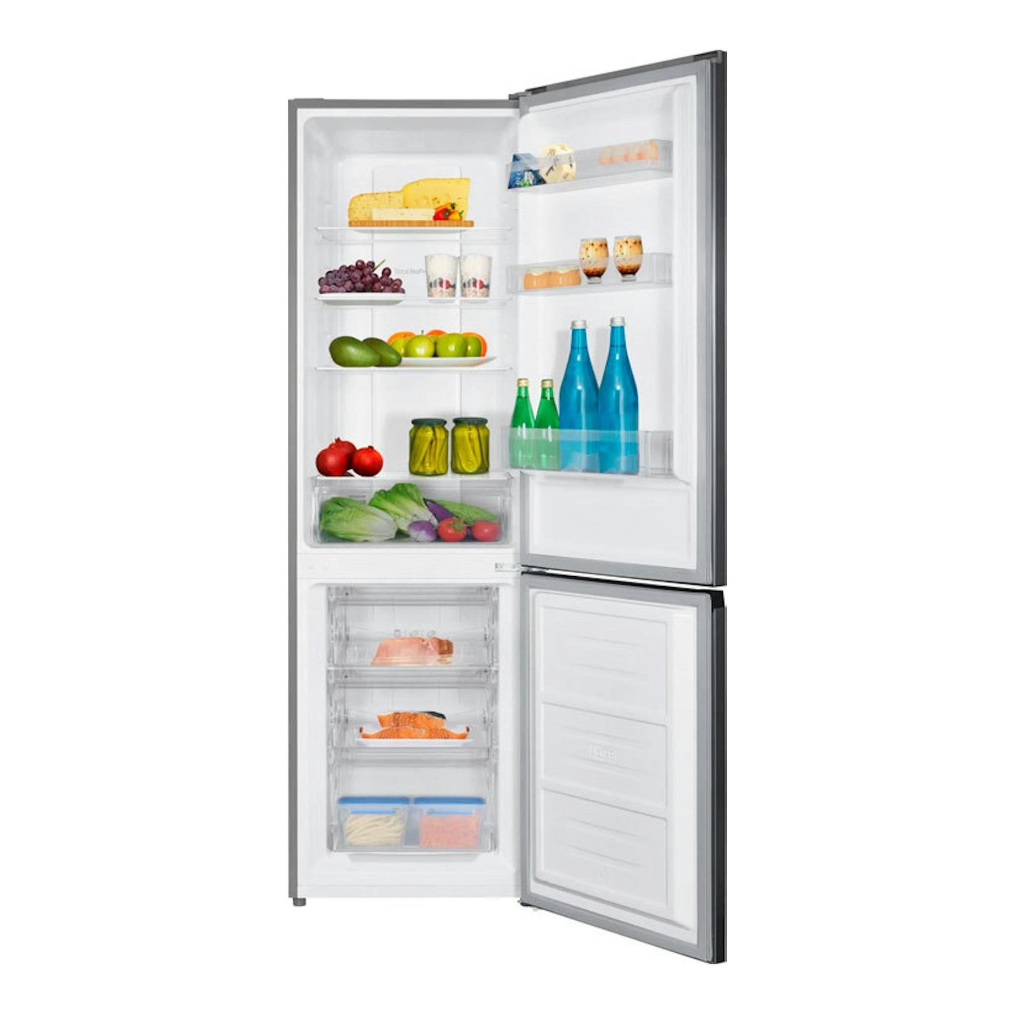 Frigorífico combi Fagor 3FFK-5527X inox, vista frontal con puertas abiertas e interior con alimentos.