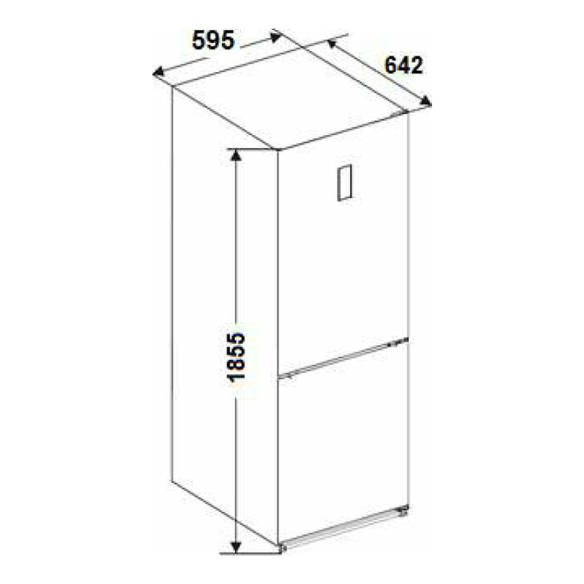 Esquema isométrico del frigorífico combi Fagor 3FFK-6645X inox con medidas 595 x 642 x 1855 mm