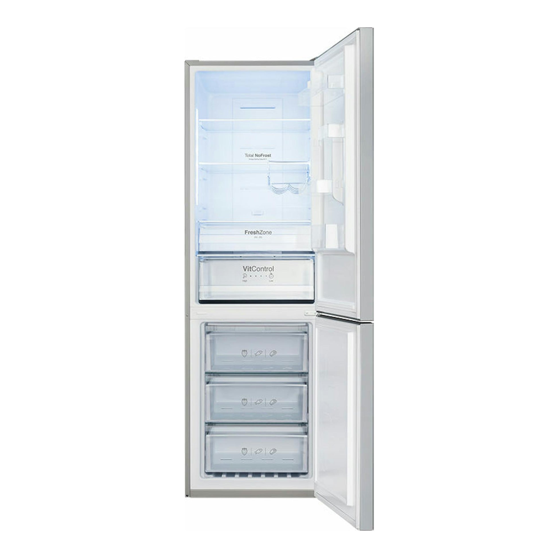 Frigorífico combi Fagor 3FFK-6645X inox, vista frontal con puerta derecha abierta y cajones transparentes.