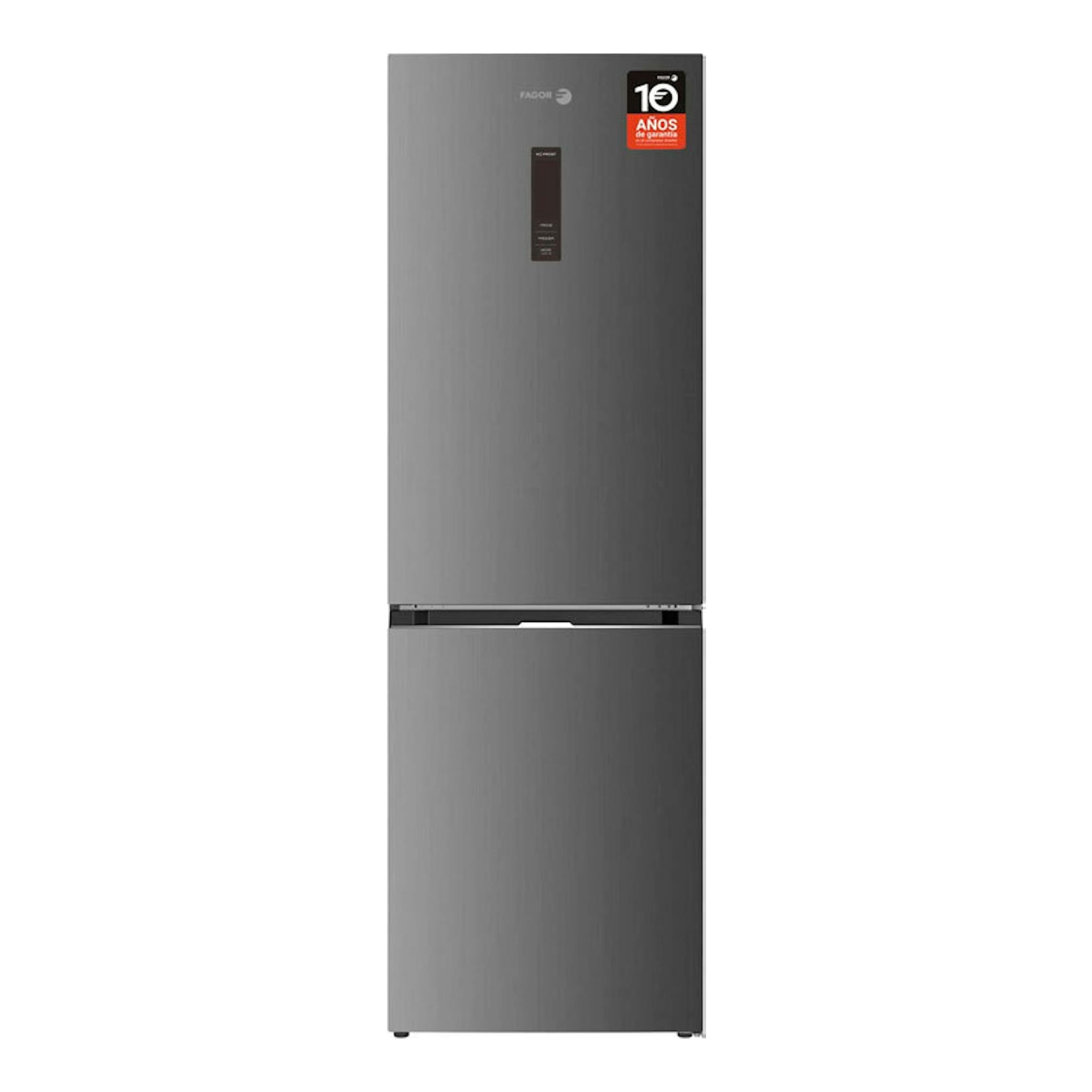 Frigorífico combi Fagor 3FFK-6677X inox, vista frontal, con puertas gris acero y panel central.