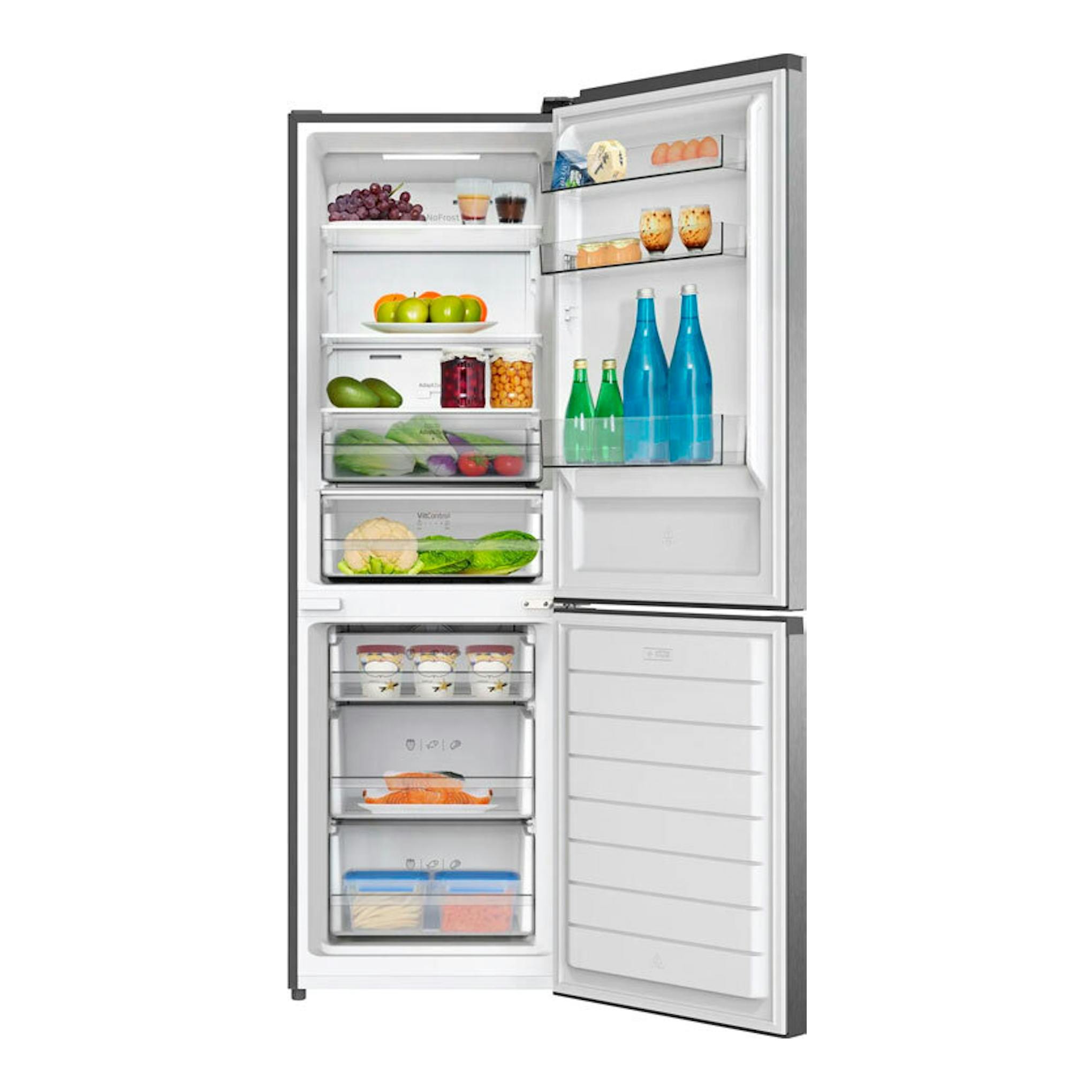 Frigorífico combi Fagor 3FFK-6677X inox, vista frontal con puertas abiertas y cajones interiores.