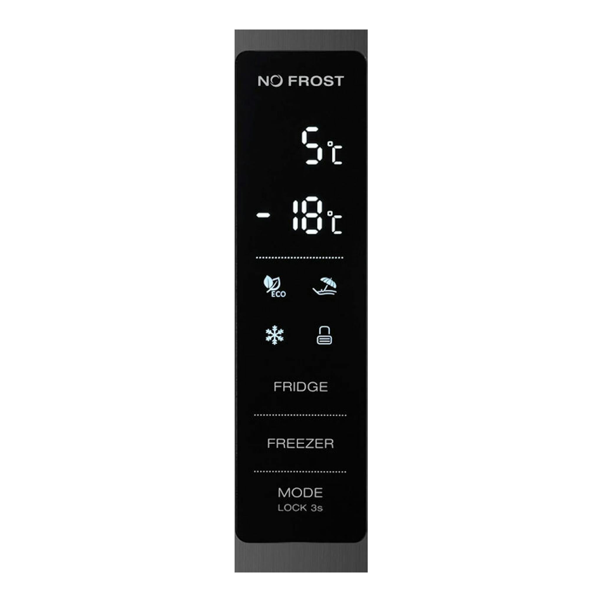 Panel táctil frontal de frigorífico combi Fagor 3FFK-6677X inox, con display NO FROST y 5°C/-18°C.