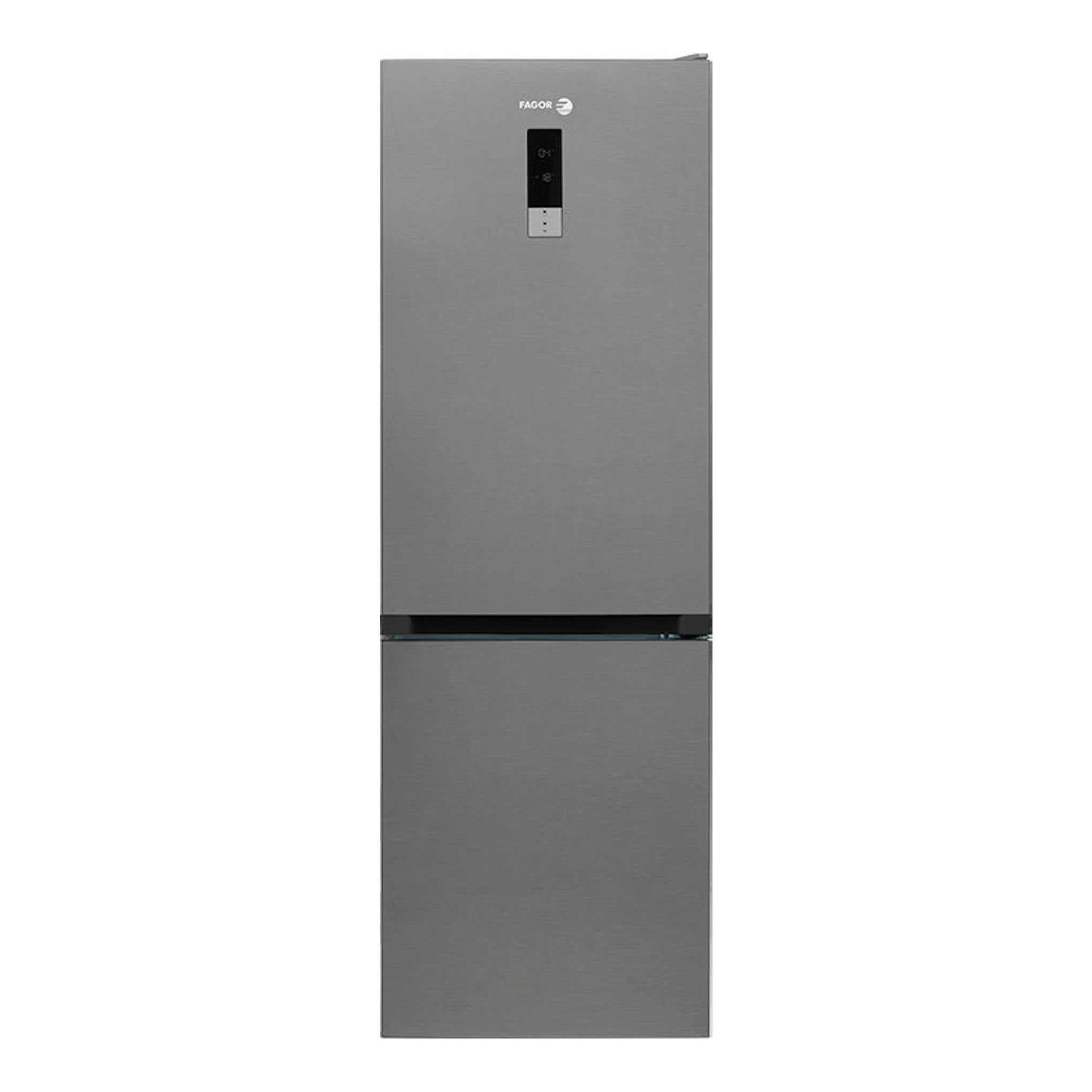 Frigorífico combi Fagor 3FFK-6745X inox, vista frontal, acabado gris acero con panel digital superior.