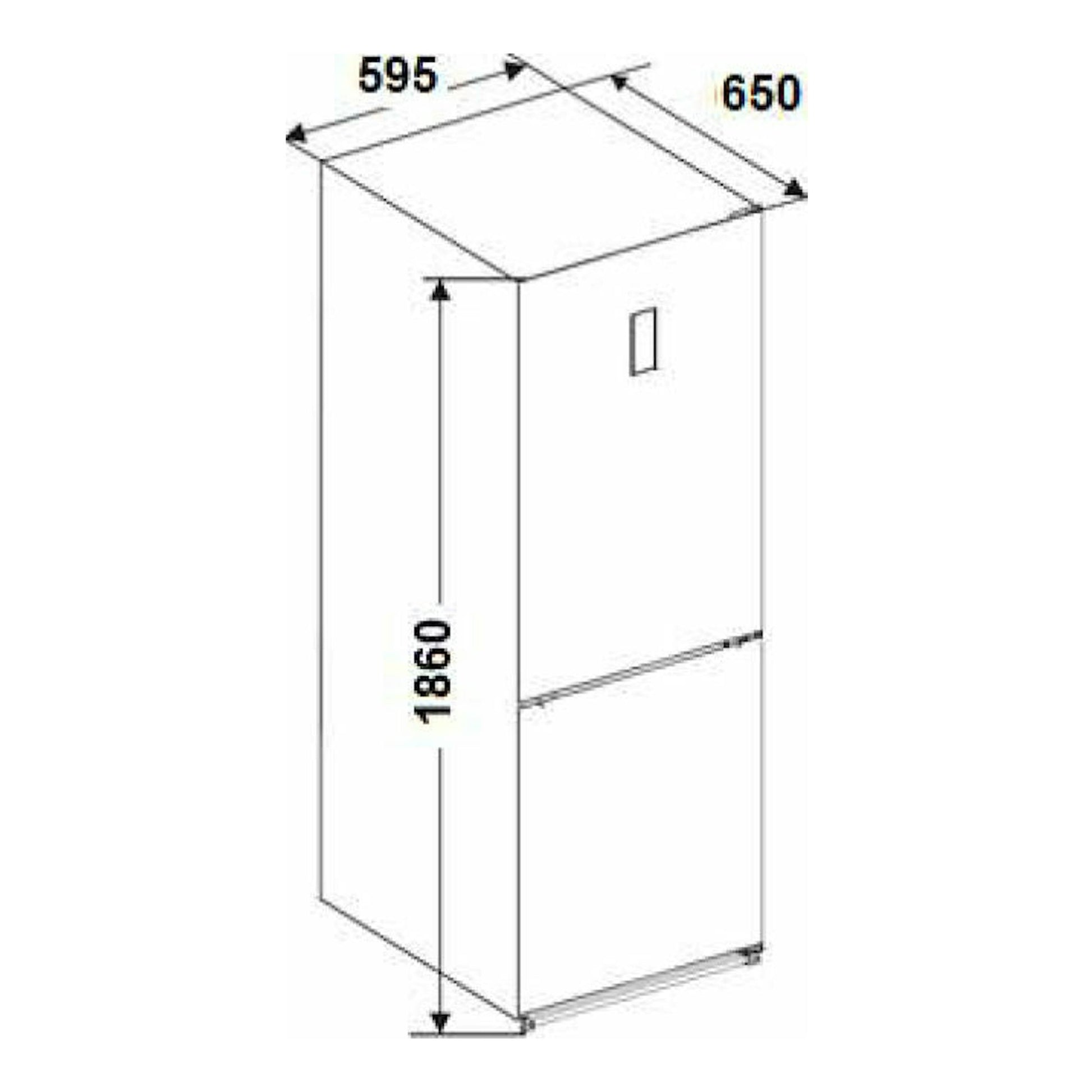 Dibujo técnico en vista isométrica del frigorífico combi Fagor 3FFK-6745X inox, con medidas 595x650x1860 mm.