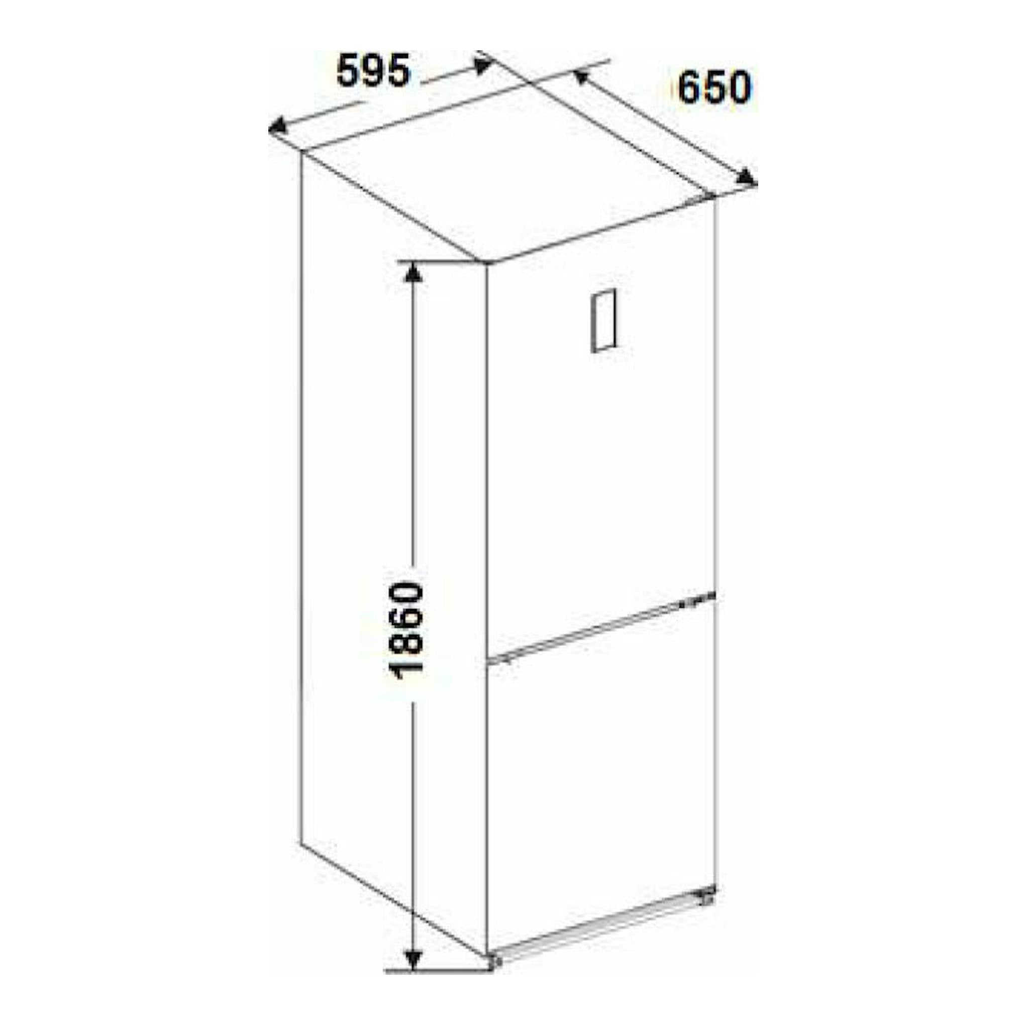 Dibujo técnico en vista isométrica del frigorífico combi Fagor 3FFK-6745X inox, con medidas 595x650x1860 mm.