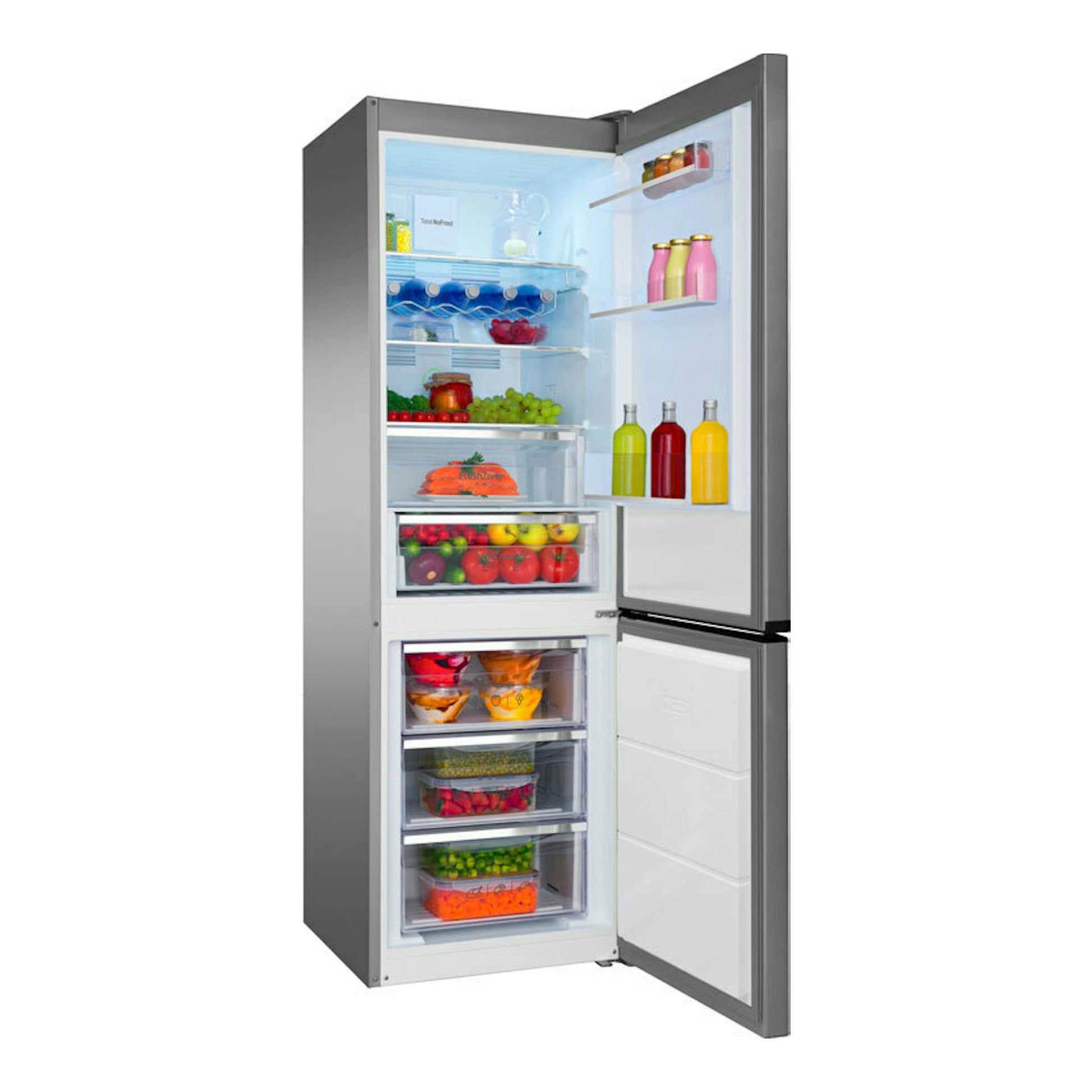 Frigorífico combi Fagor 3FFK-6745X inox, vista frontal con puertas abiertas y compartimentos interiores.