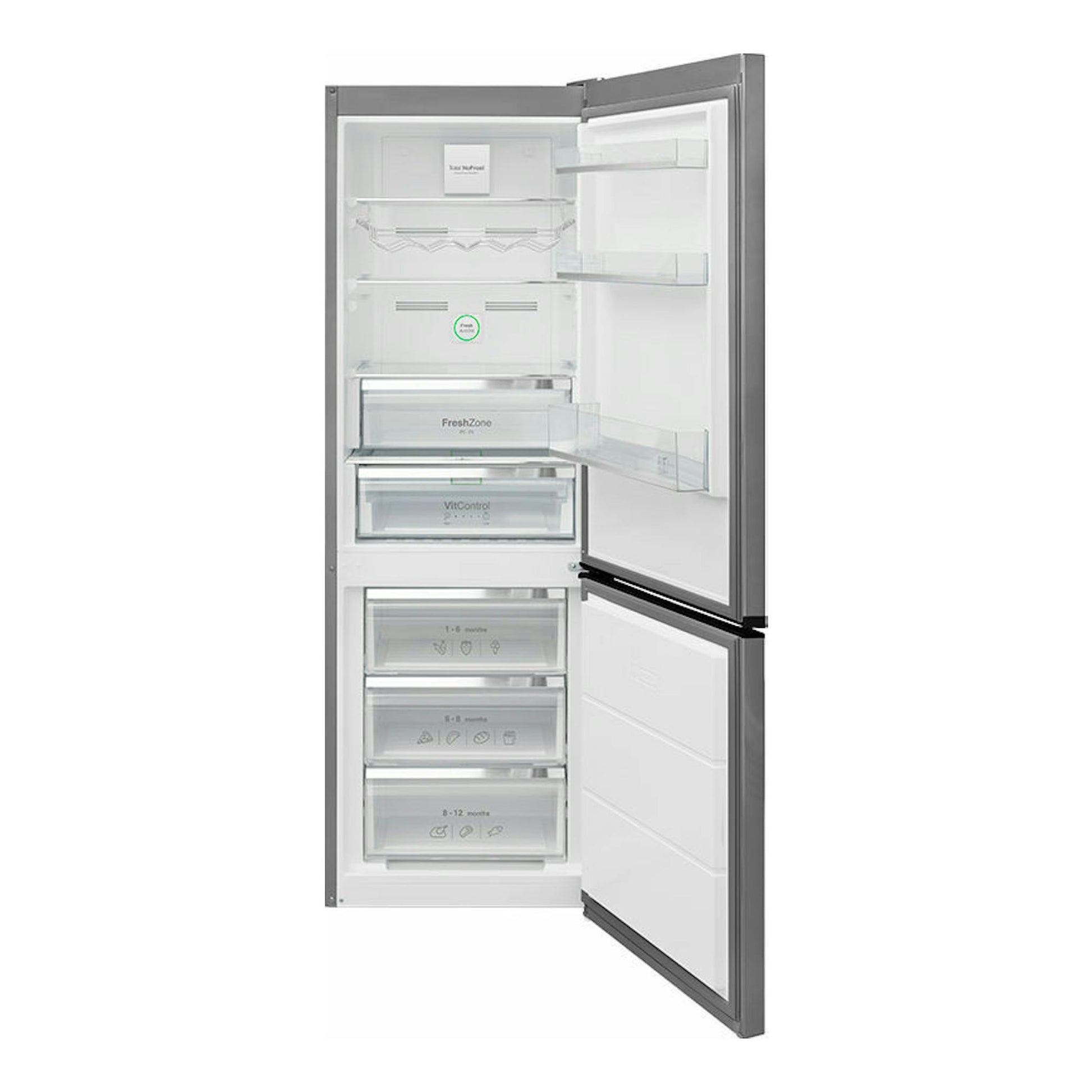 Frigorífico combi Fagor 3FFK-6745X inox, vista frontal con puertas abiertas y cajones interiores visibles.