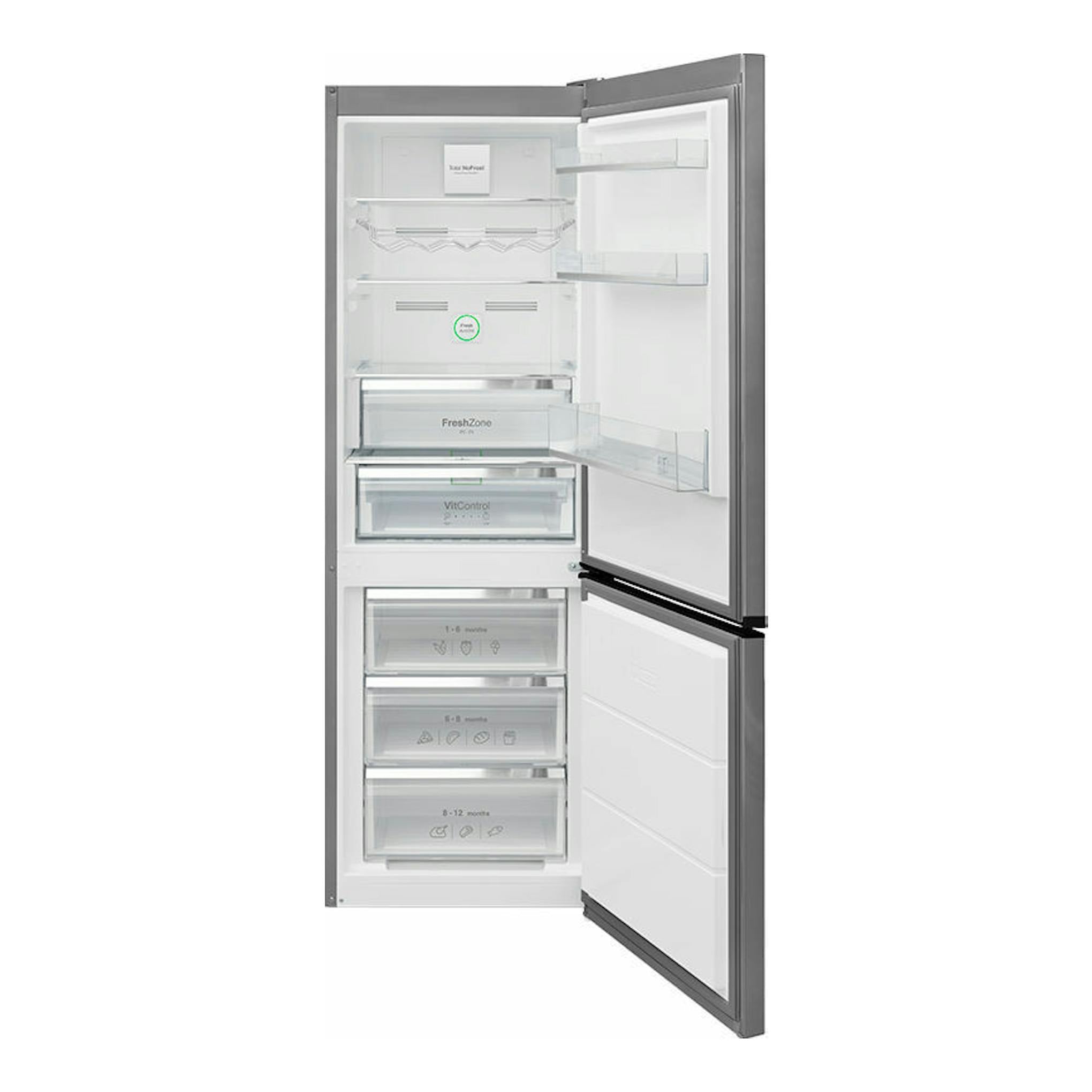 Frigorífico combi Fagor 3FFK-6745X inox, vista frontal con puertas abiertas y cajones interiores visibles.