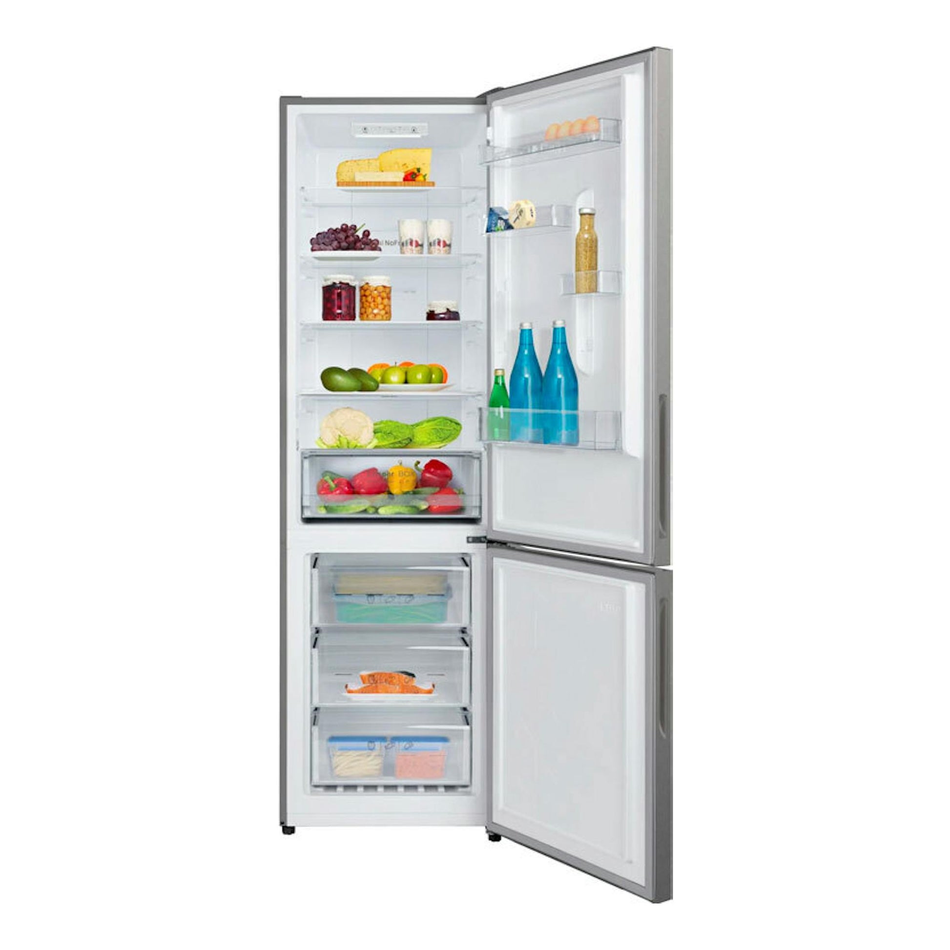 Frigorífico combi Fagor 3FFK-6840X inox, vista frontal con puertas abiertas y compartimentos interiores visibles.
