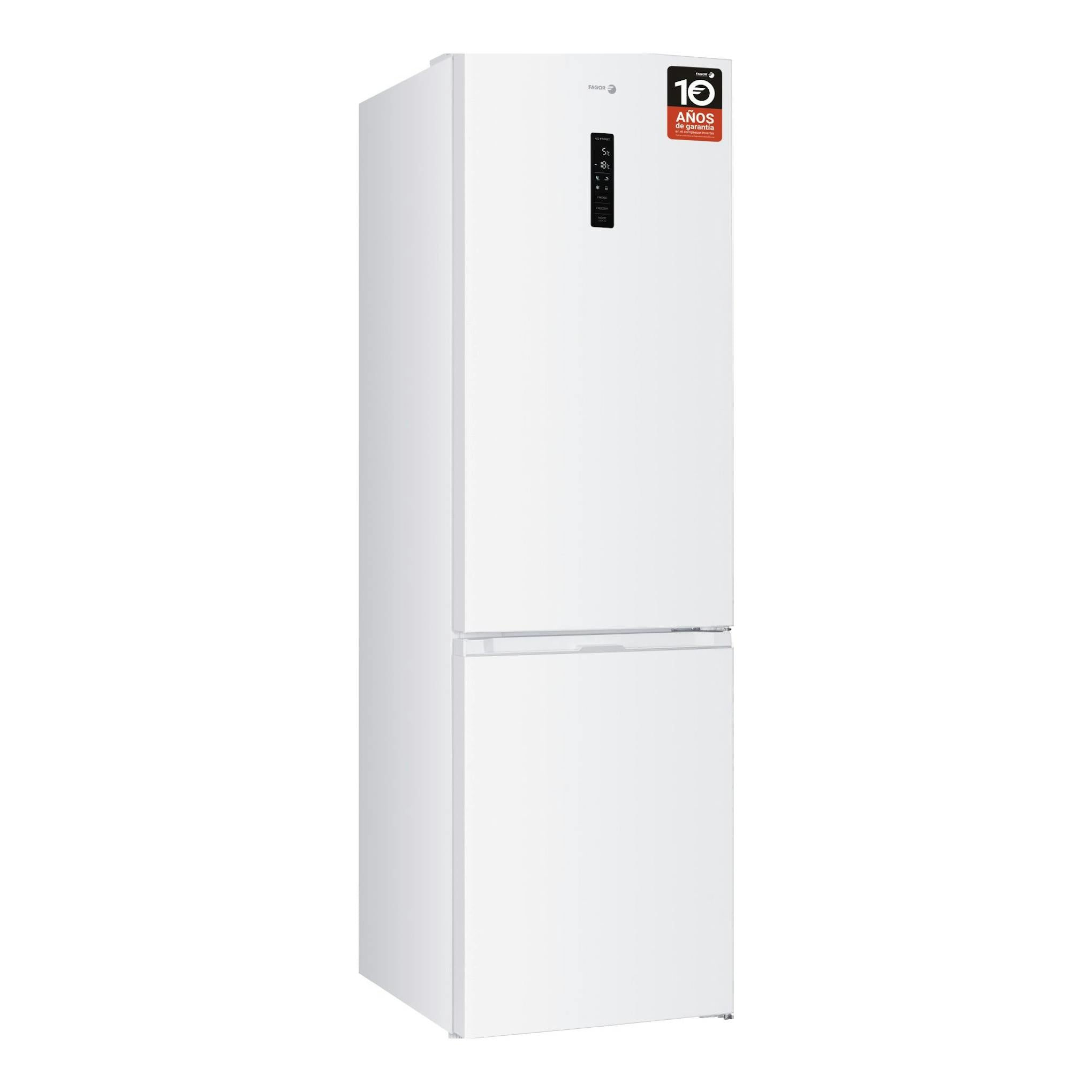 Frigorífico combi Fagor 3FFK-6877 blanco, vista frontal en ángulo, con panel digital en la puerta.