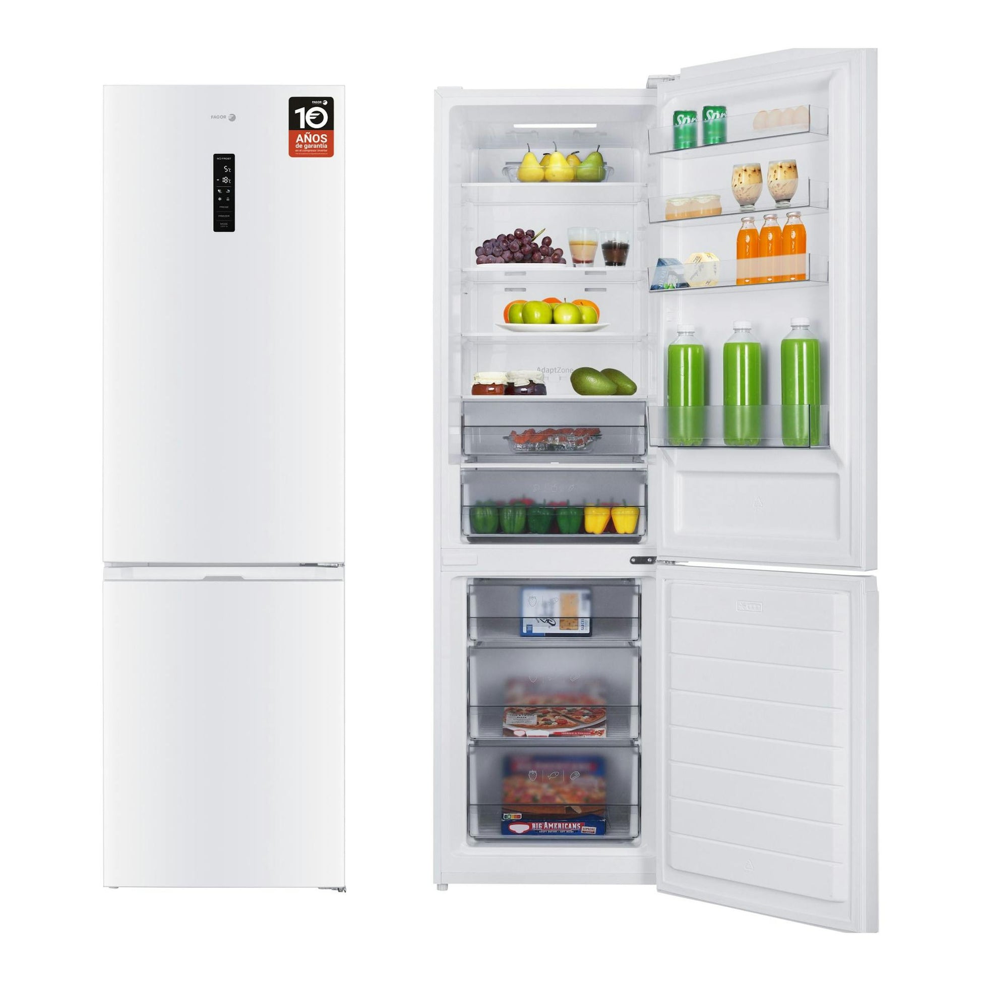 Frigorífico combi Fagor 3FFK-6877 blanco, vista frontal, con una puerta abierta y el interior visible.