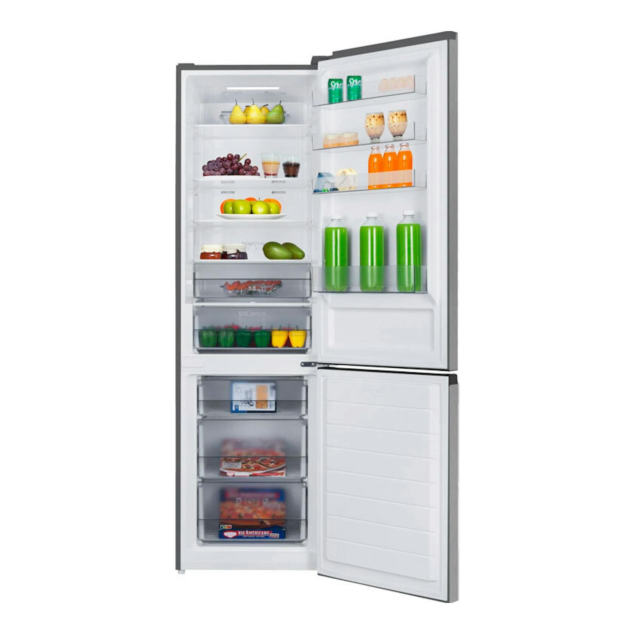 Frigorífico combi Fagor 3FFK-6877X inox, puerta abierta en vista frontal, con compartimentos y alimentos.