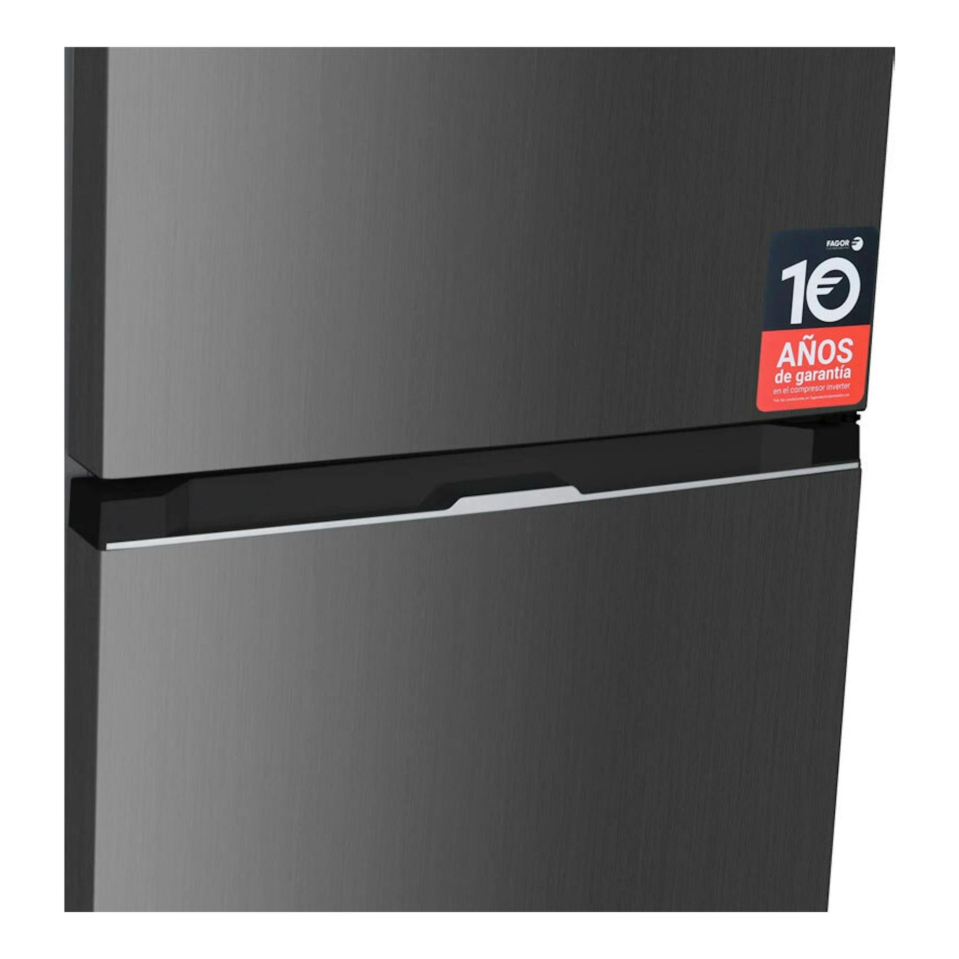 Frigorífico combi Fagor 3FFK-6877X inox, vista frontal parcial, acabado acero cepillado y pegatina de garantía.