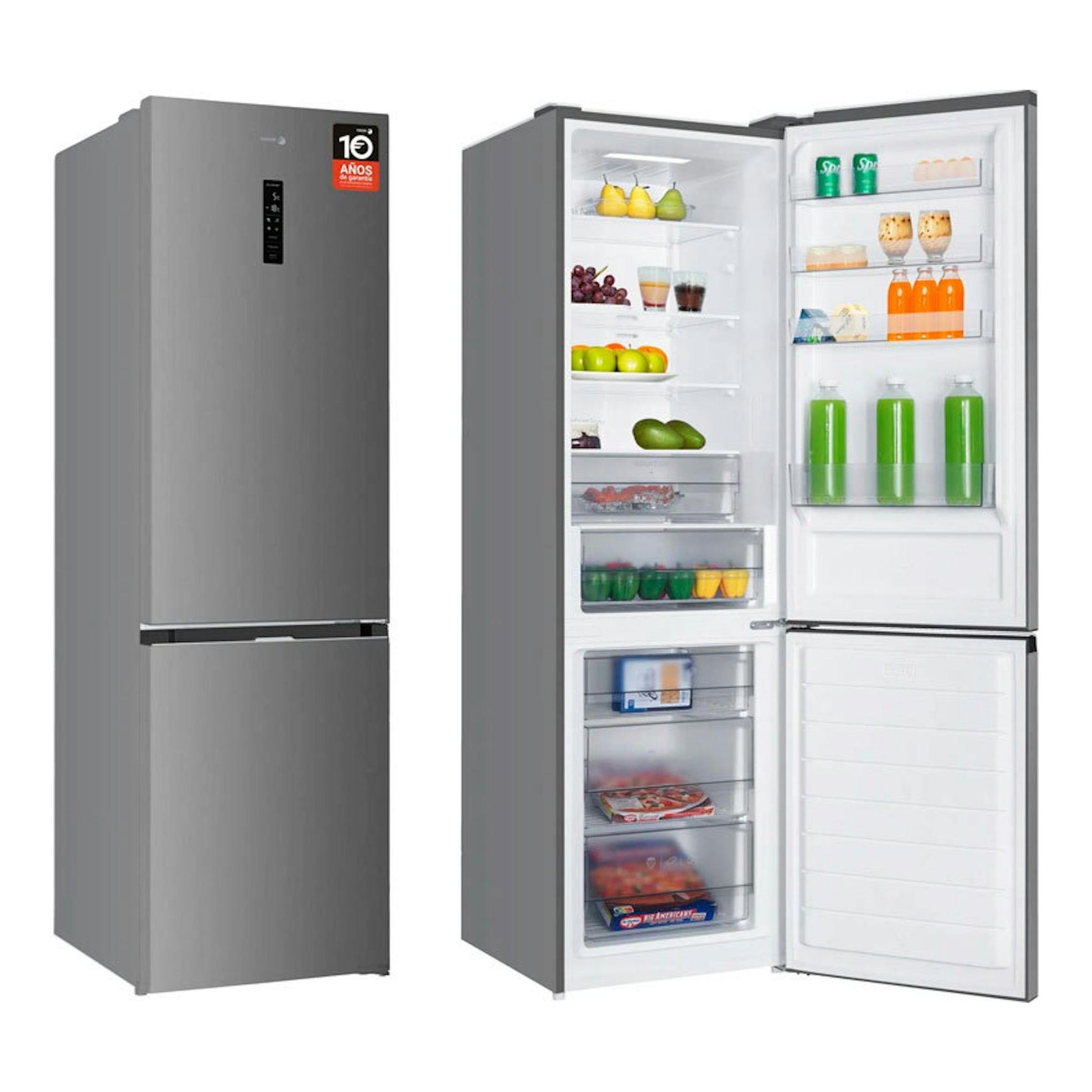 Frigorífico combi Fagor 3FFK-6877X inox, vista frontal y abierta, con interior y congelador visibles.