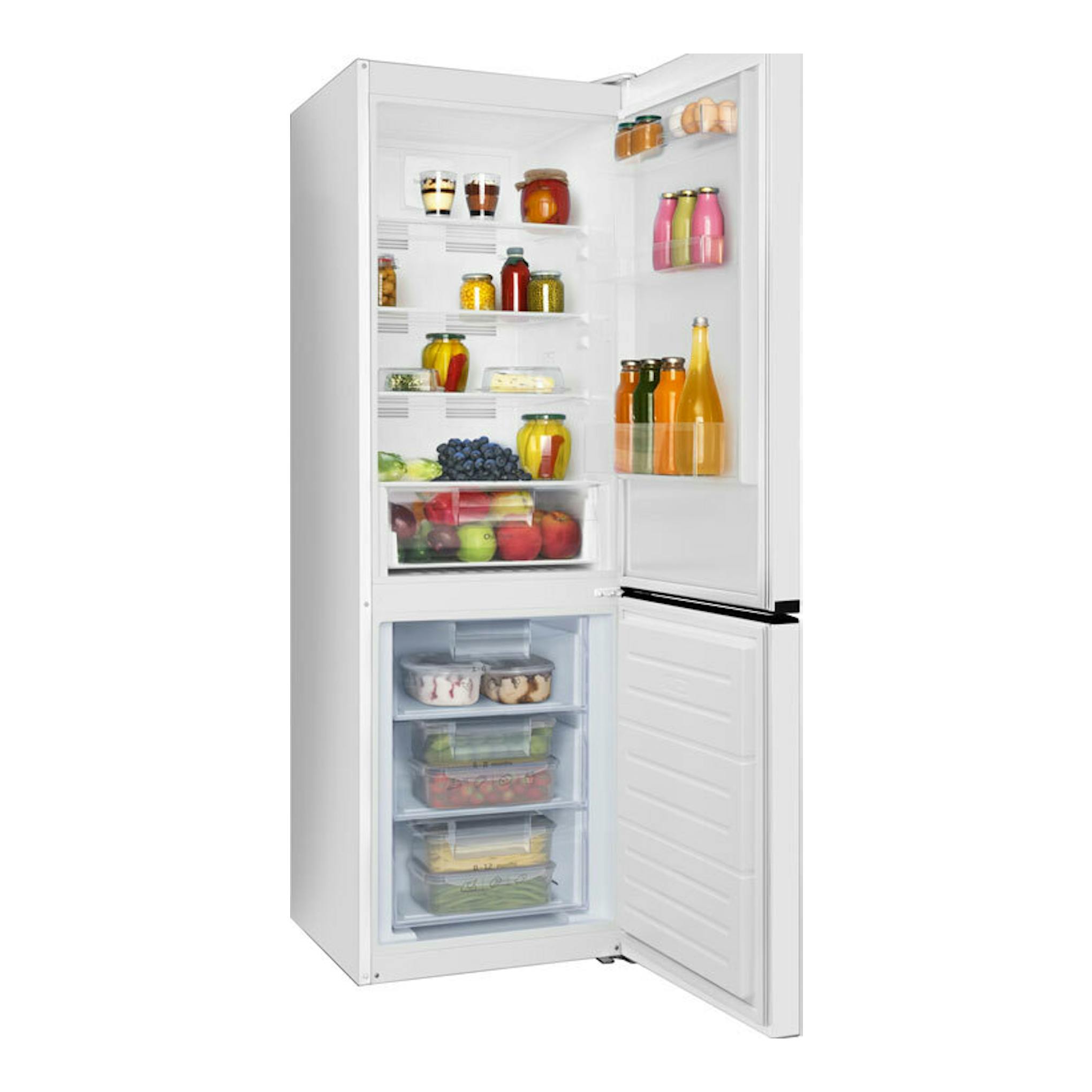 Frigorífico combi Fagor 3FFK6636 blanco, vista frontal en tres cuartos y puertas abiertas, con alimentos.