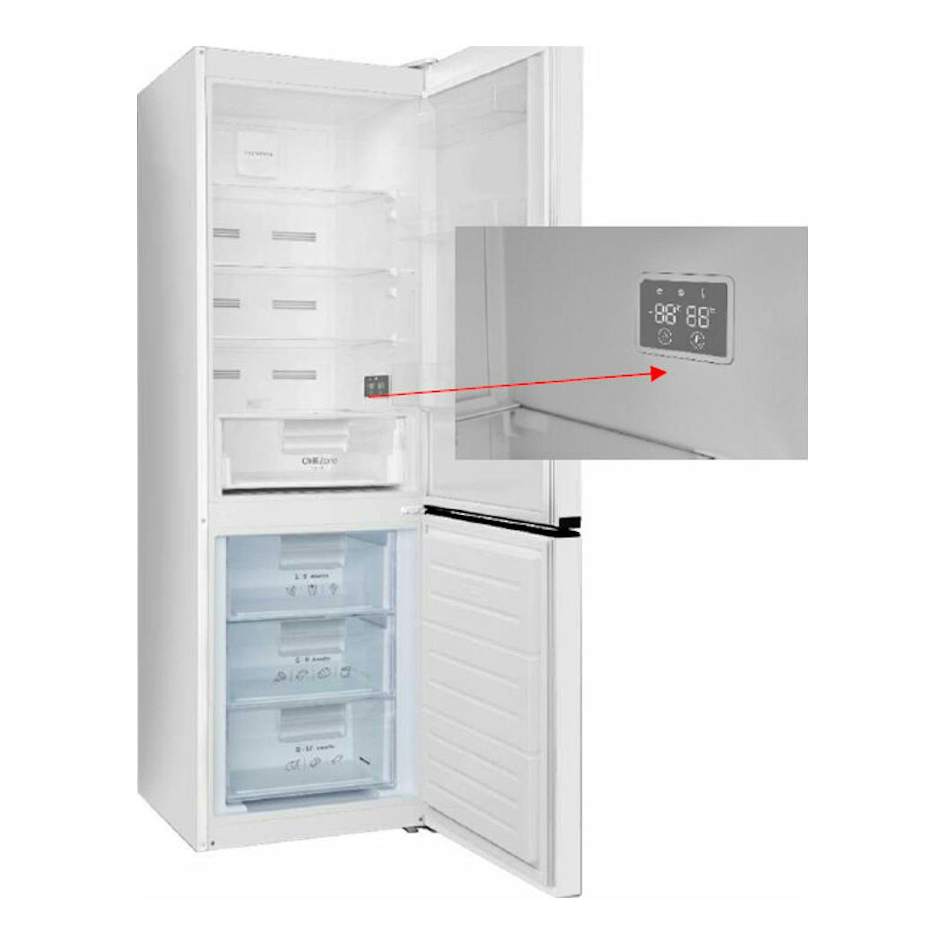 Frigorífico combi Fagor 3FFK6636 blanco, vista frontal con puertas abiertas y panel digital.