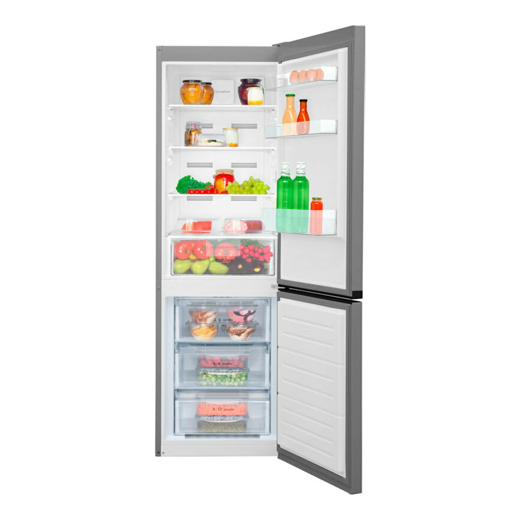 Frigorífico combi Fagor 3FFK6636X inox, vista frontal con puertas abiertas y compartimentos interiores.