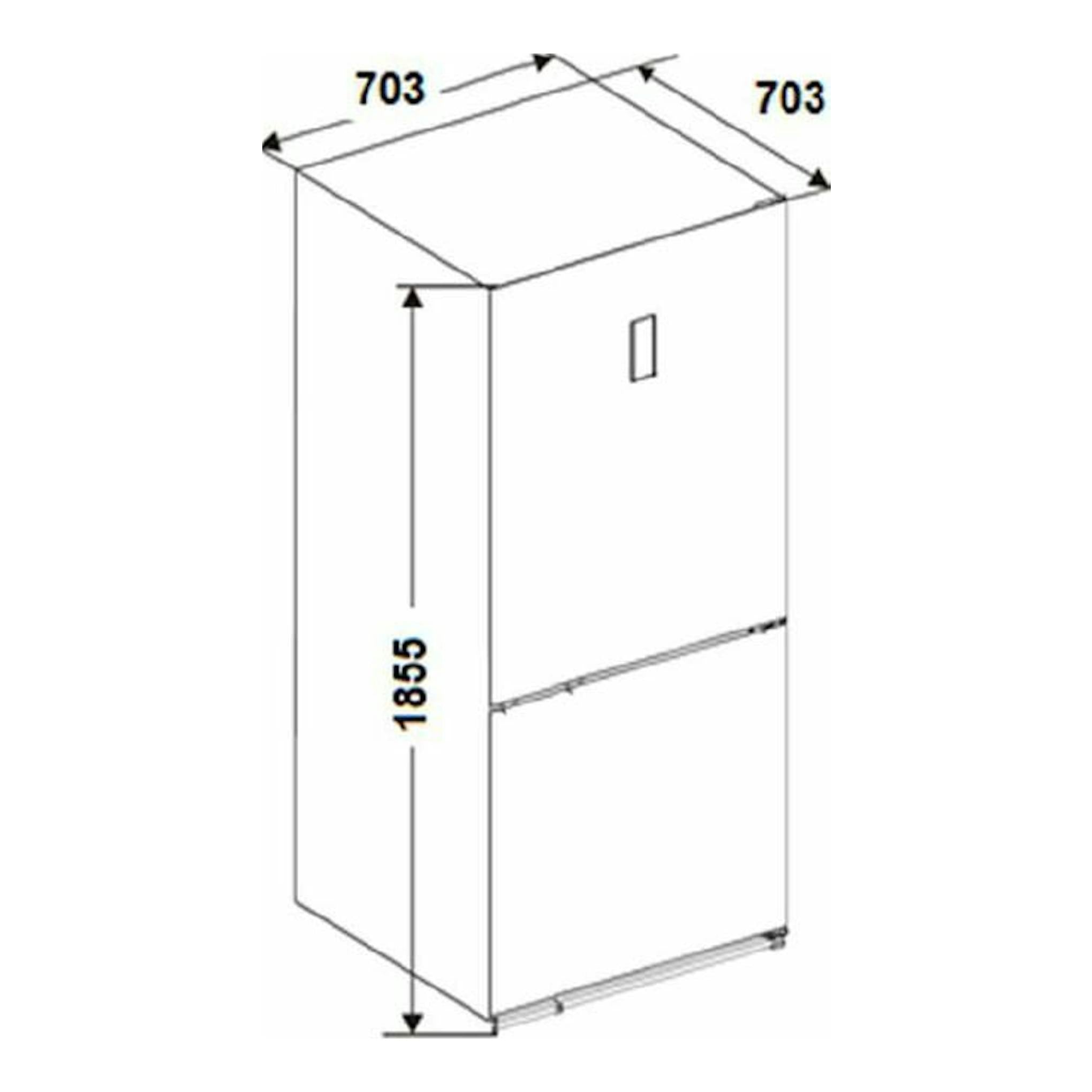 Frigorífico combi Fagor 3FFK7845X en vista isométrica, acabado inox, con medidas 703 x 703 x 1855 mm.