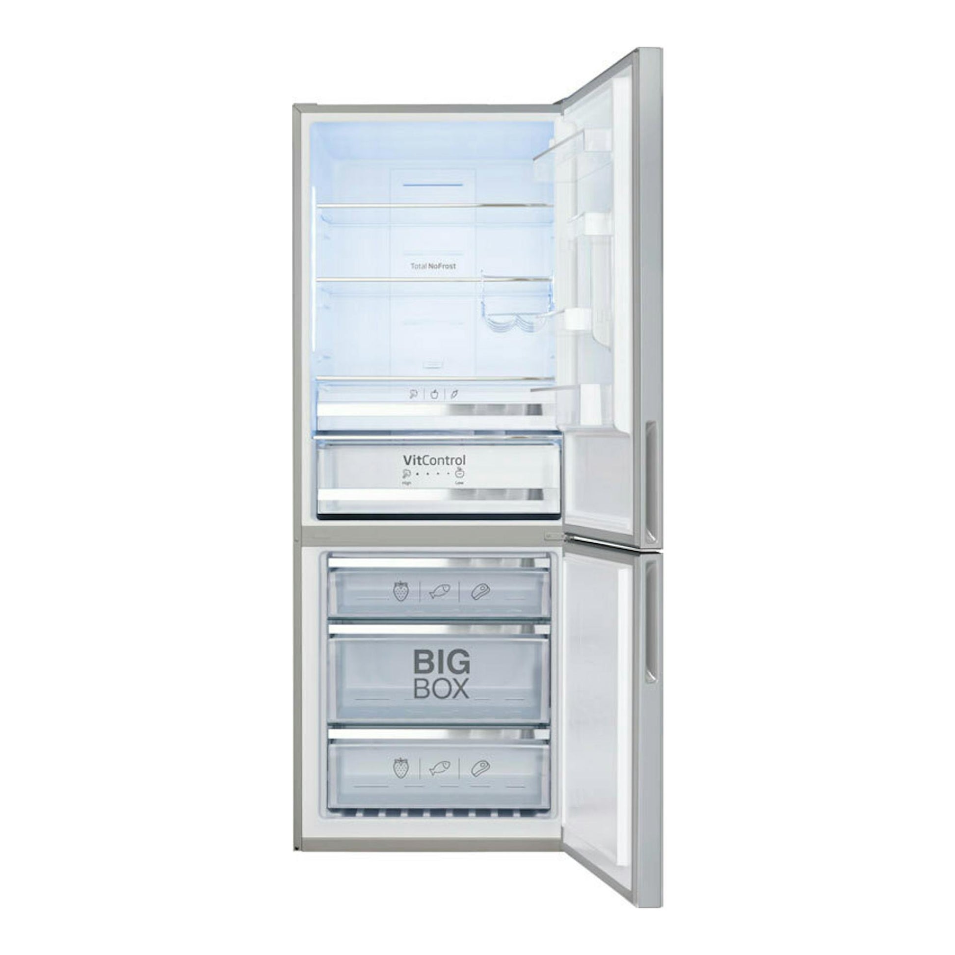 Frigorífico combi Fagor 3FFK7845X inox, vista frontal con puertas abiertas y cajones transparentes.