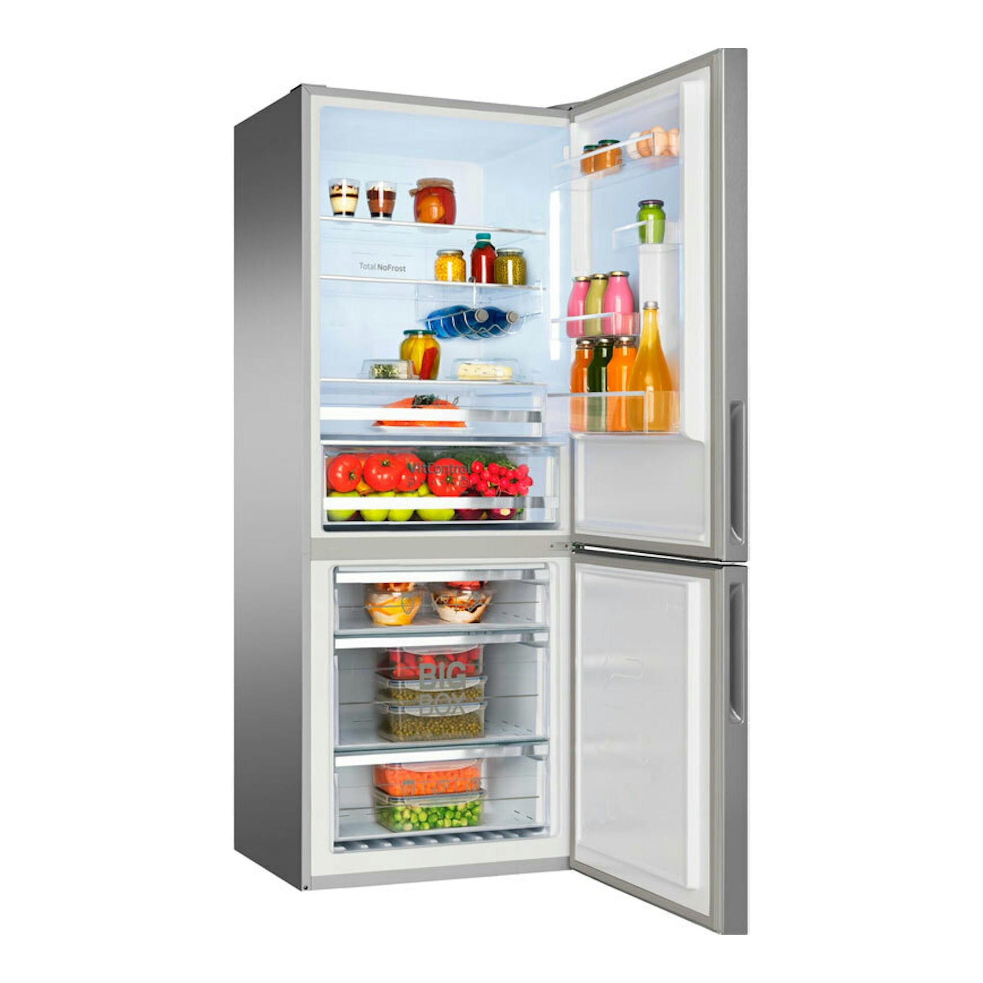 Frigorífico combi Fagor 3FFK7845X inox, vista frontal con puertas abiertas y compartimentos llenos.