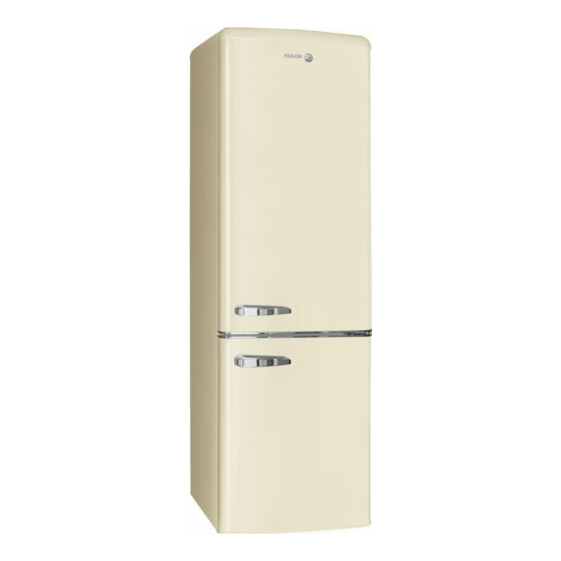 Frigorífico combi Fagor 3FFV-1855BG beige, vista frontal en ángulo, con dos puertas y tiradores cromados.