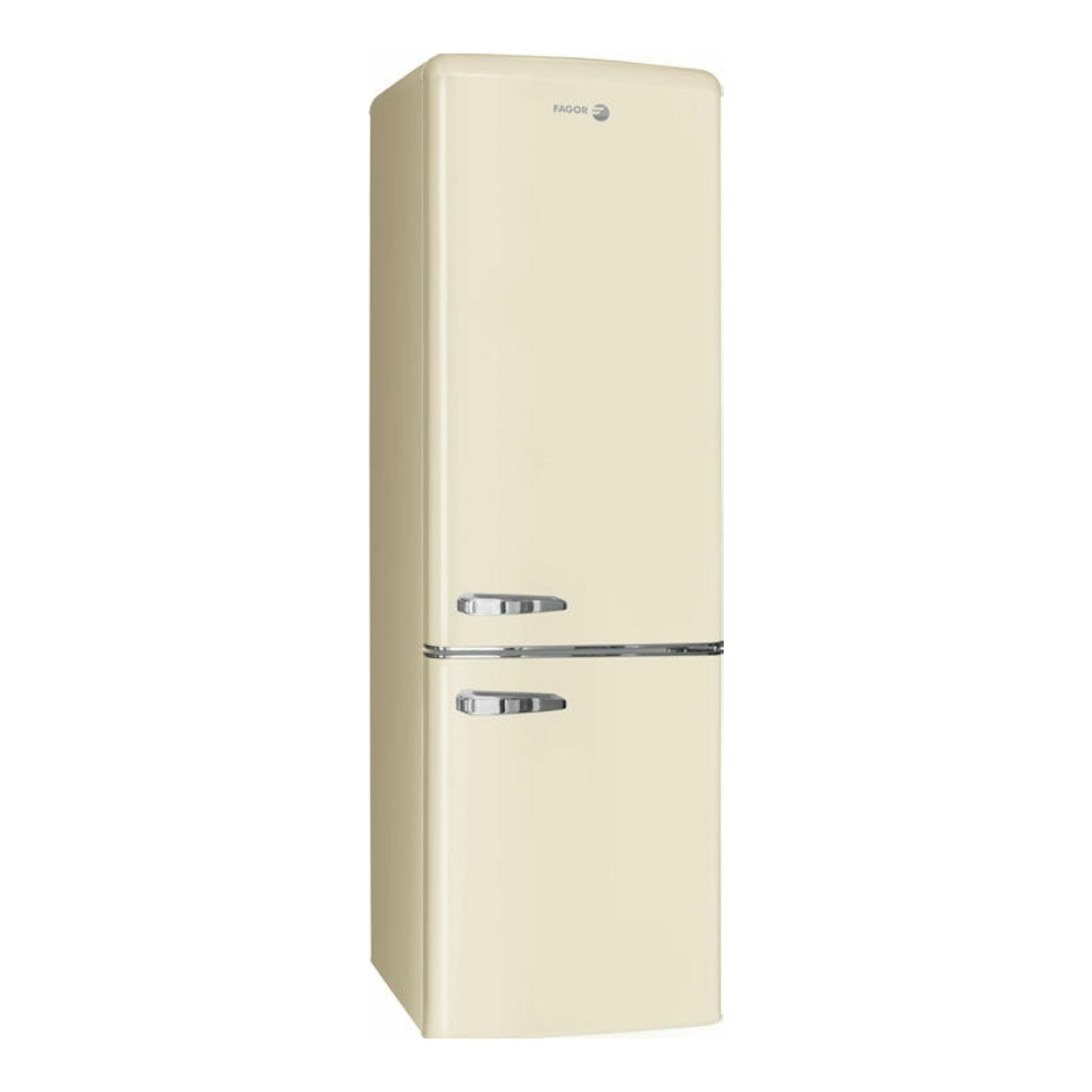 Frigorífico combi Fagor 3FFV-1855BG beige, vista frontal en ángulo, con dos puertas y tiradores cromados.