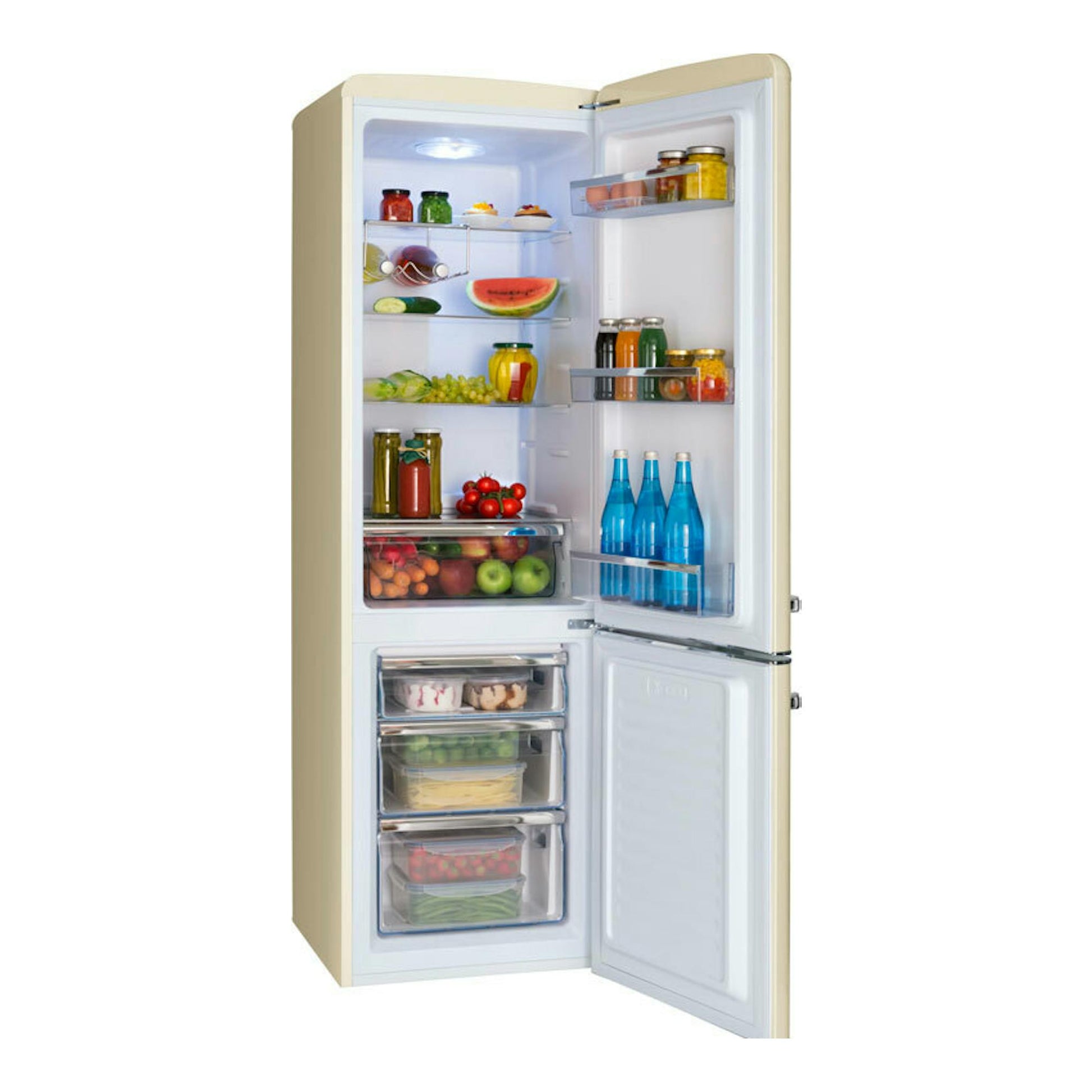 Frigorífico combi Fagor 3FFV-1855BG beige, vista frontal abierta, con compartimentos y cajones visibles.