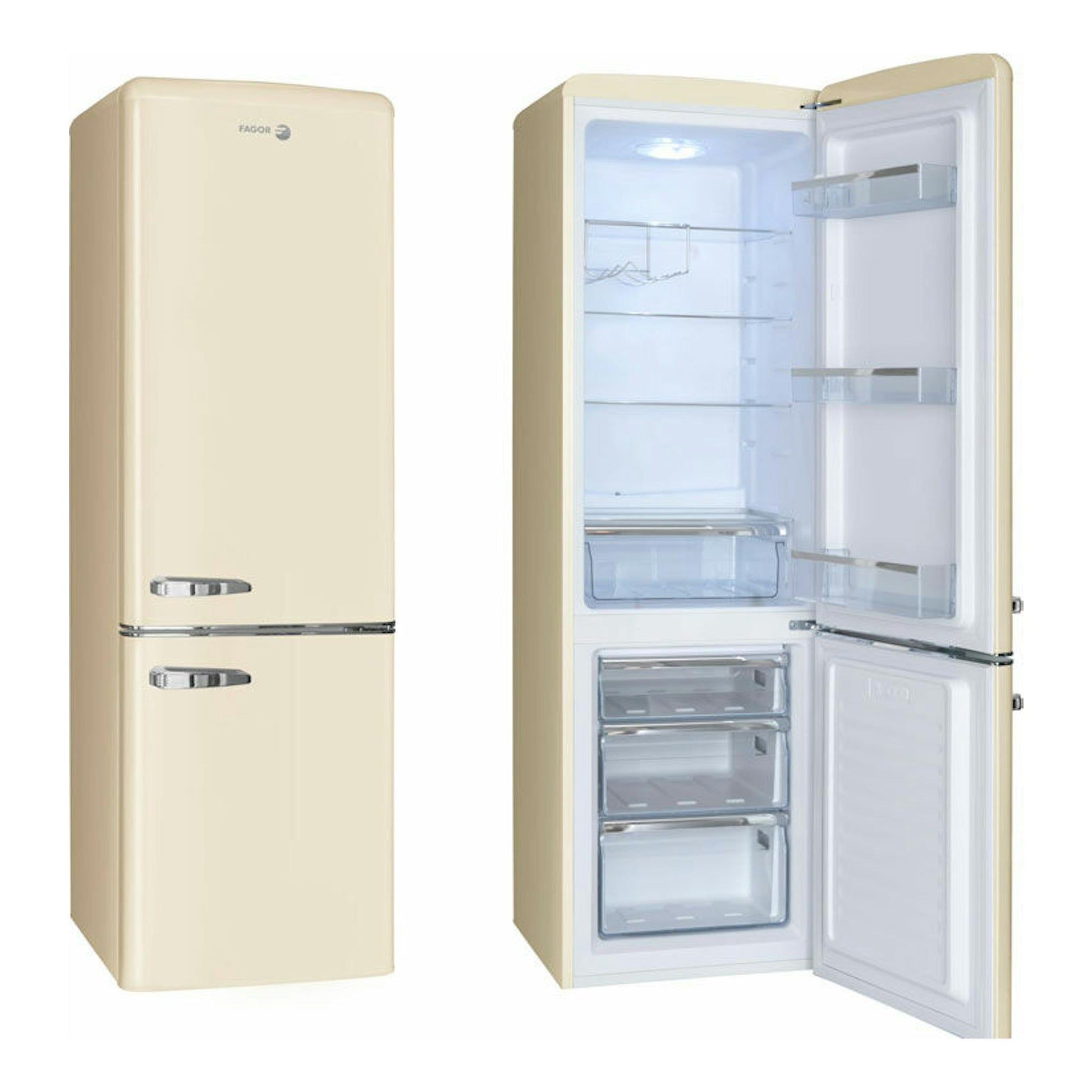 Frigorífico combi Fagor 3FFV-1855BG beige, vista frontal y abierto con interior visible.