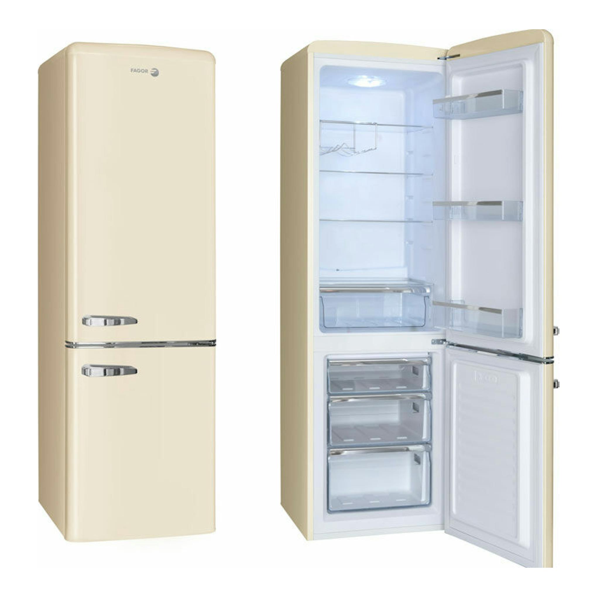 Frigorífico combi Fagor 3FFV-1855BG beige, vista frontal y abierto con interior visible.