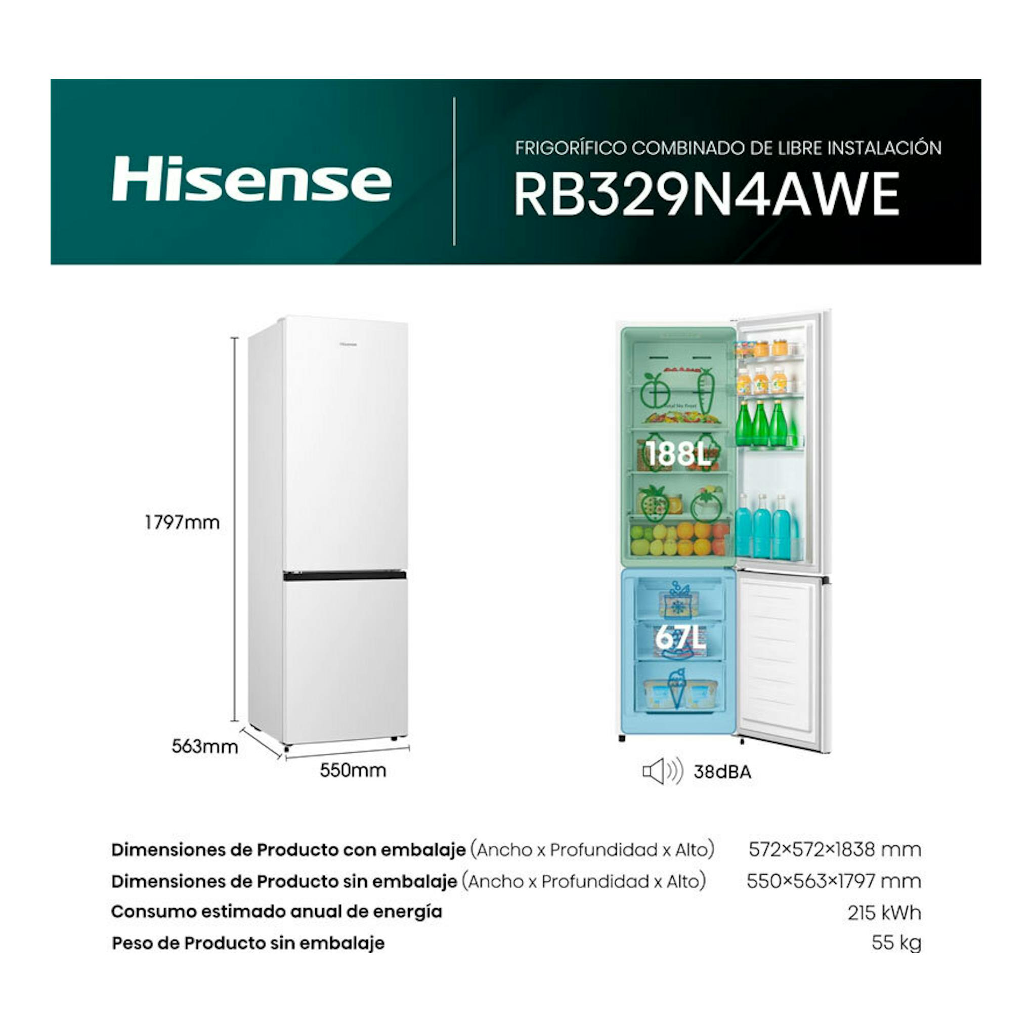 Frigorífico combi Hisense RB329N4AWE blanco, vista frontal y abierto, con medidas y compartimentos visibles.