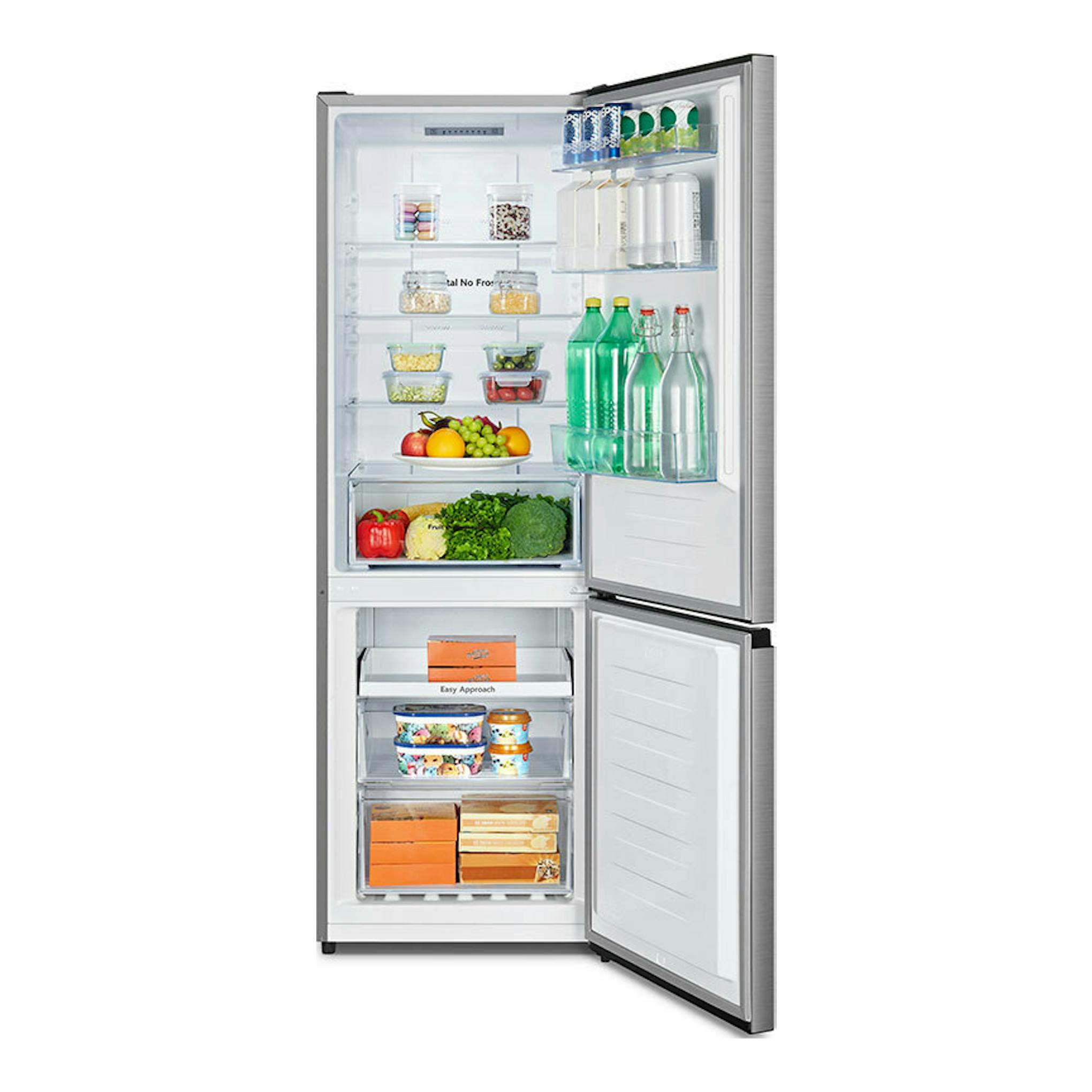 Frigorífico combi Hisense RB372N4ACE inox, vista frontal abierta, con interior lleno de alimentos.