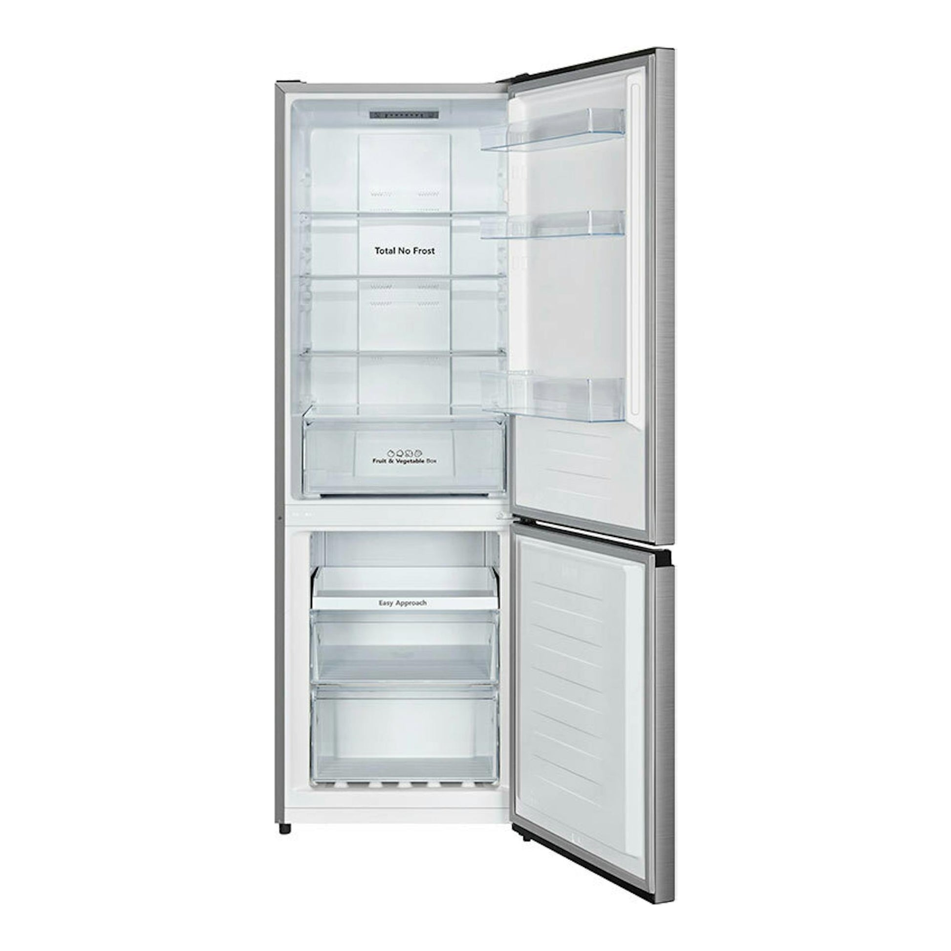 Frigorífico combi Hisense RB372N4ACE inox, vista frontal con puertas abiertas y estantes visibles.