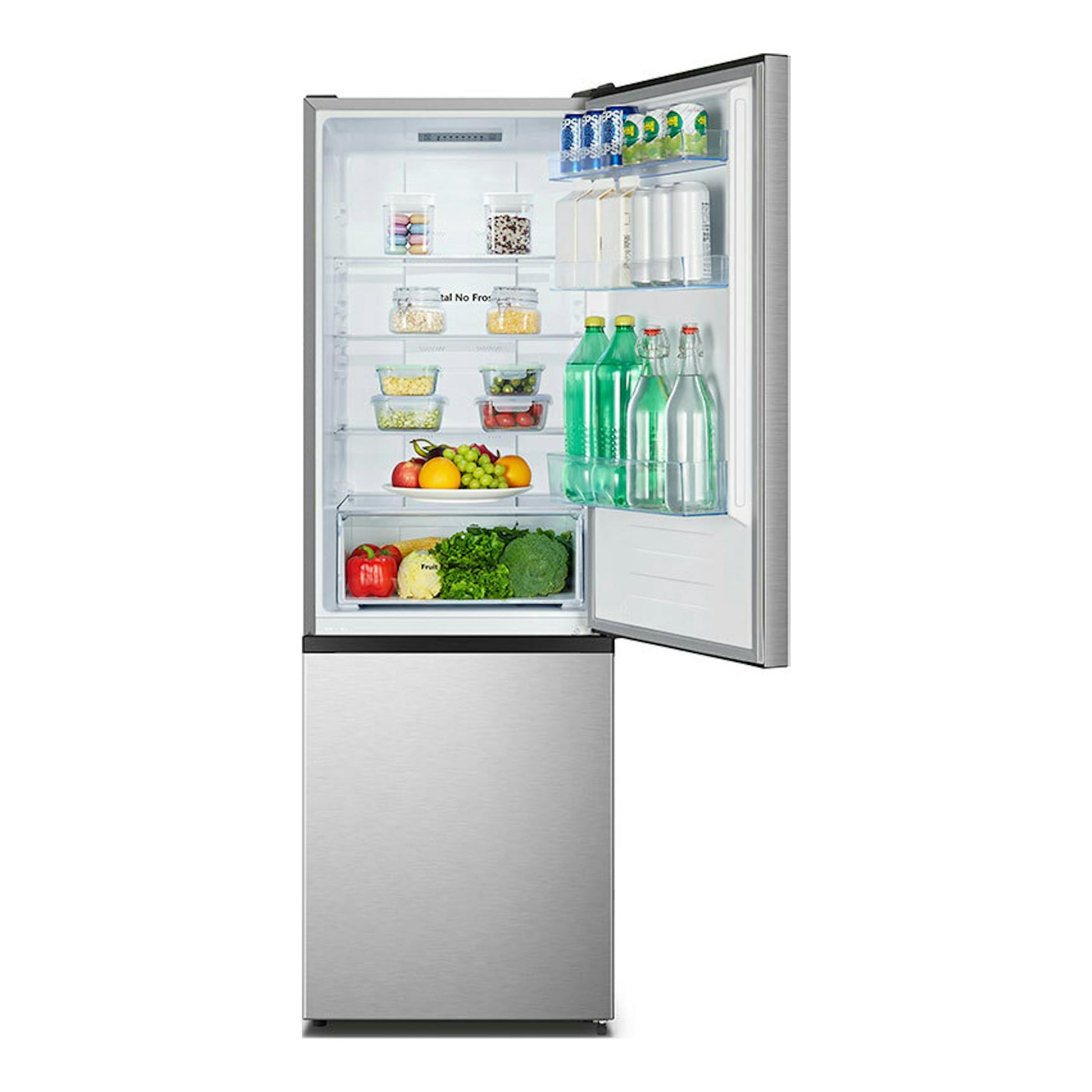 Frigorífico combi Hisense RB372N4ACE inox, vista frontal con la puerta abierta y el interior visible.