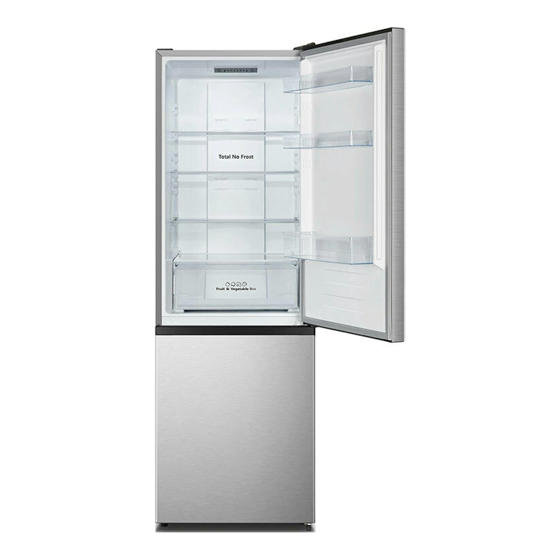 Frigorífico combi Hisense RB372N4ACE inox, vista frontal, con puerta superior abierta e interior vacío.
