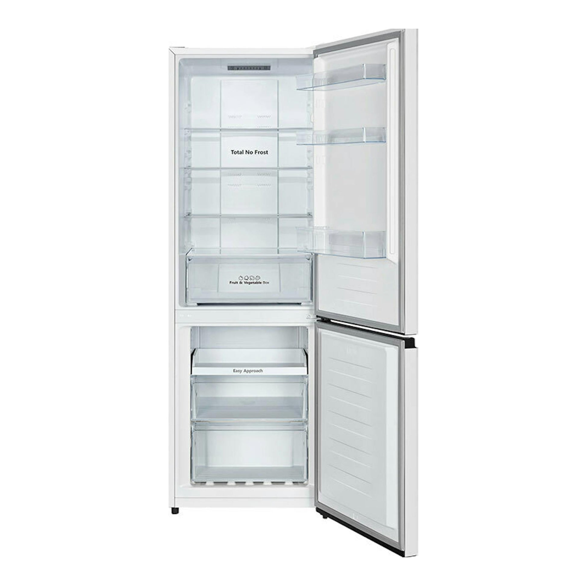 Frigorífico combi Hisense RB372N4AWE blanco, vista frontal con puertas abiertas e interior visible