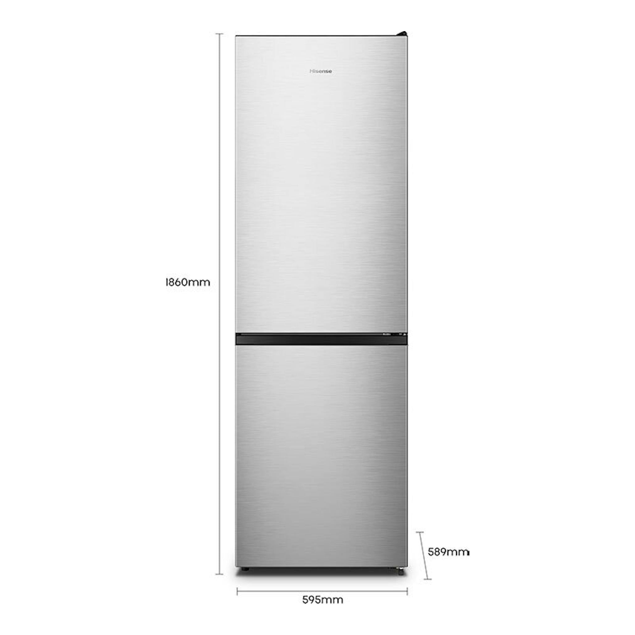 Frigorífico combi Hisense RB390N4ACE inox, vista frontal, acabado plateado, con medidas 1860 mm de alto.