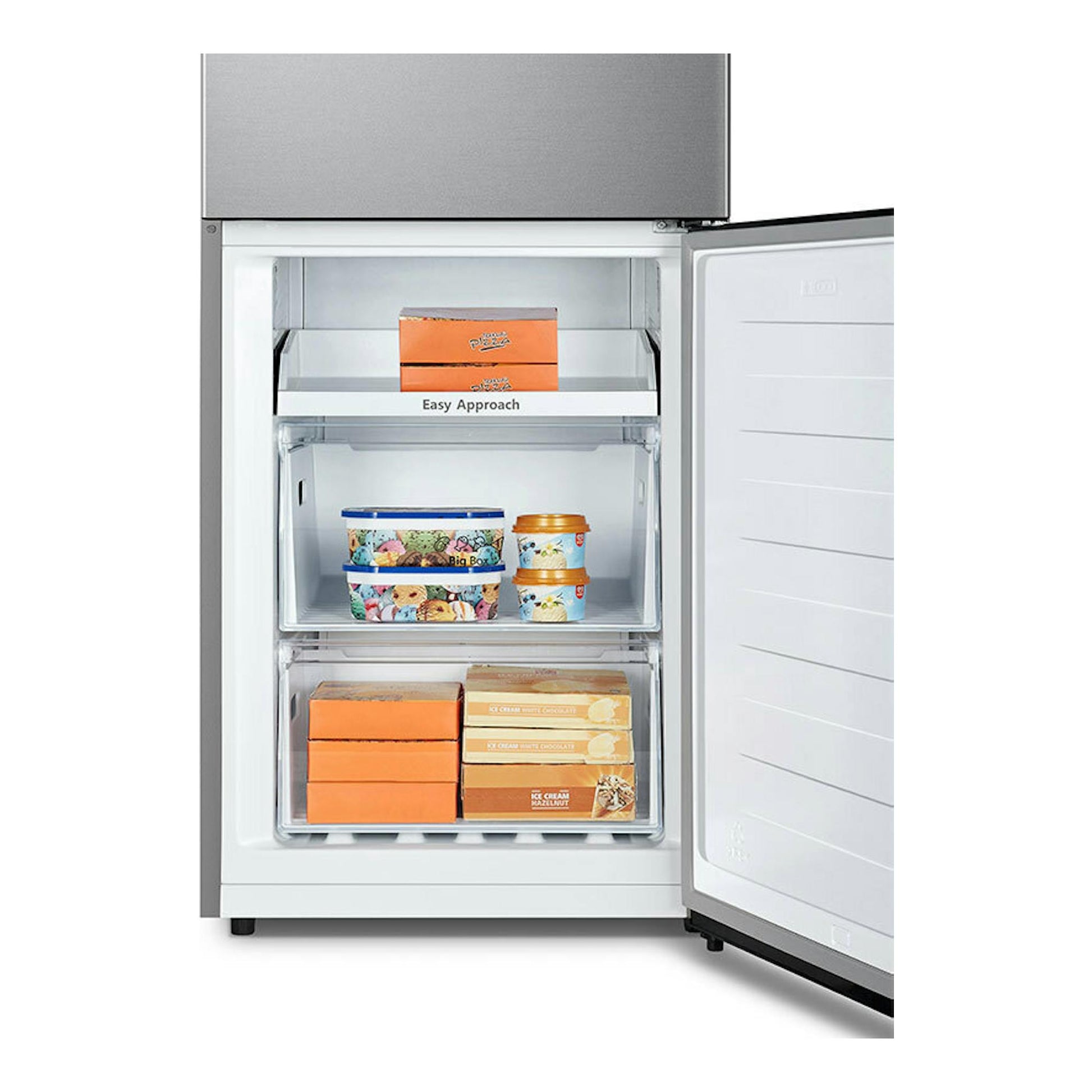 Frigorífico combi Hisense RB390N4ACE inox, vista frontal con el congelador abierto y cajones transparentes.
