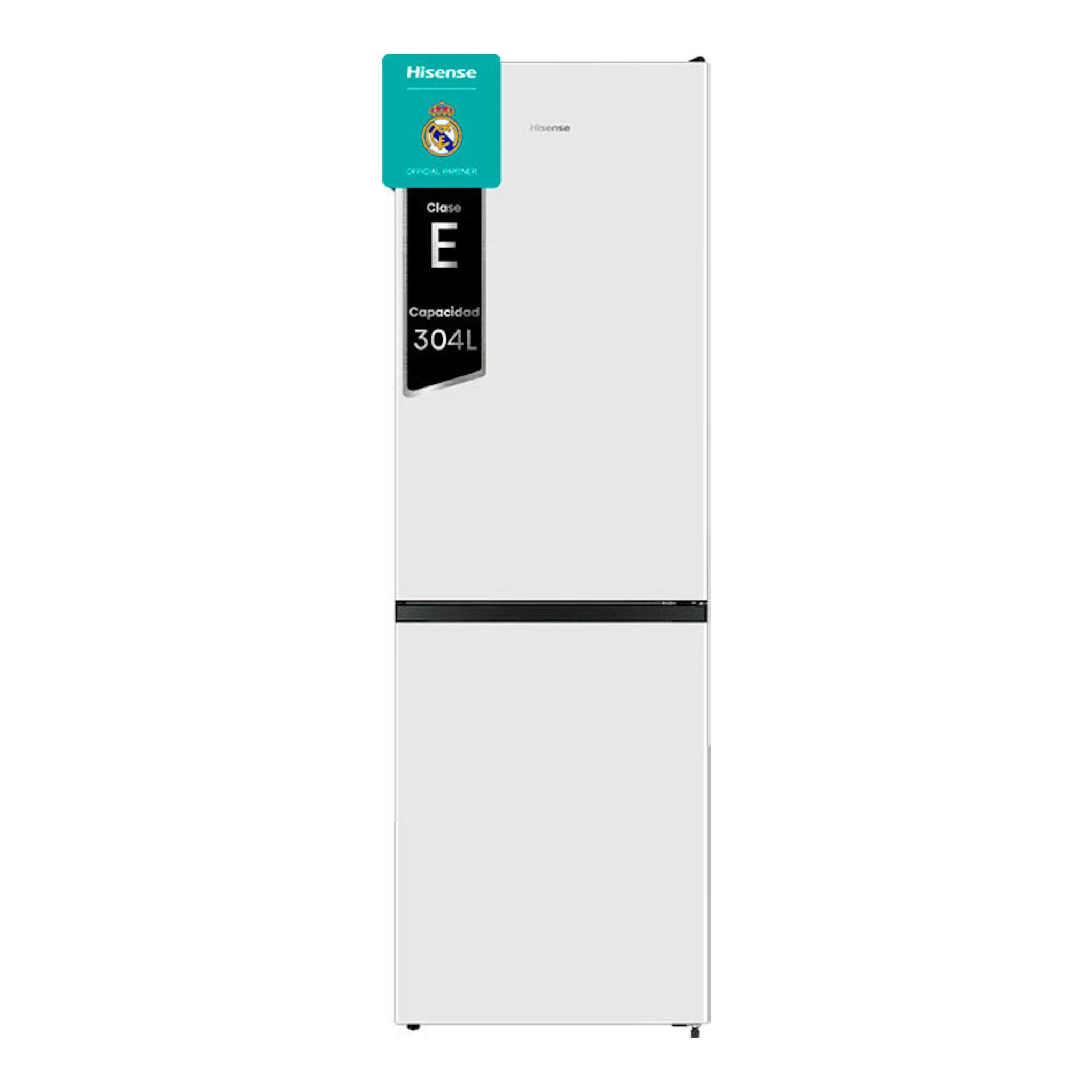 Frigorífico combi Hisense RB390N4AWE1 blanco, vista frontal, con dos puertas y banda negra central.