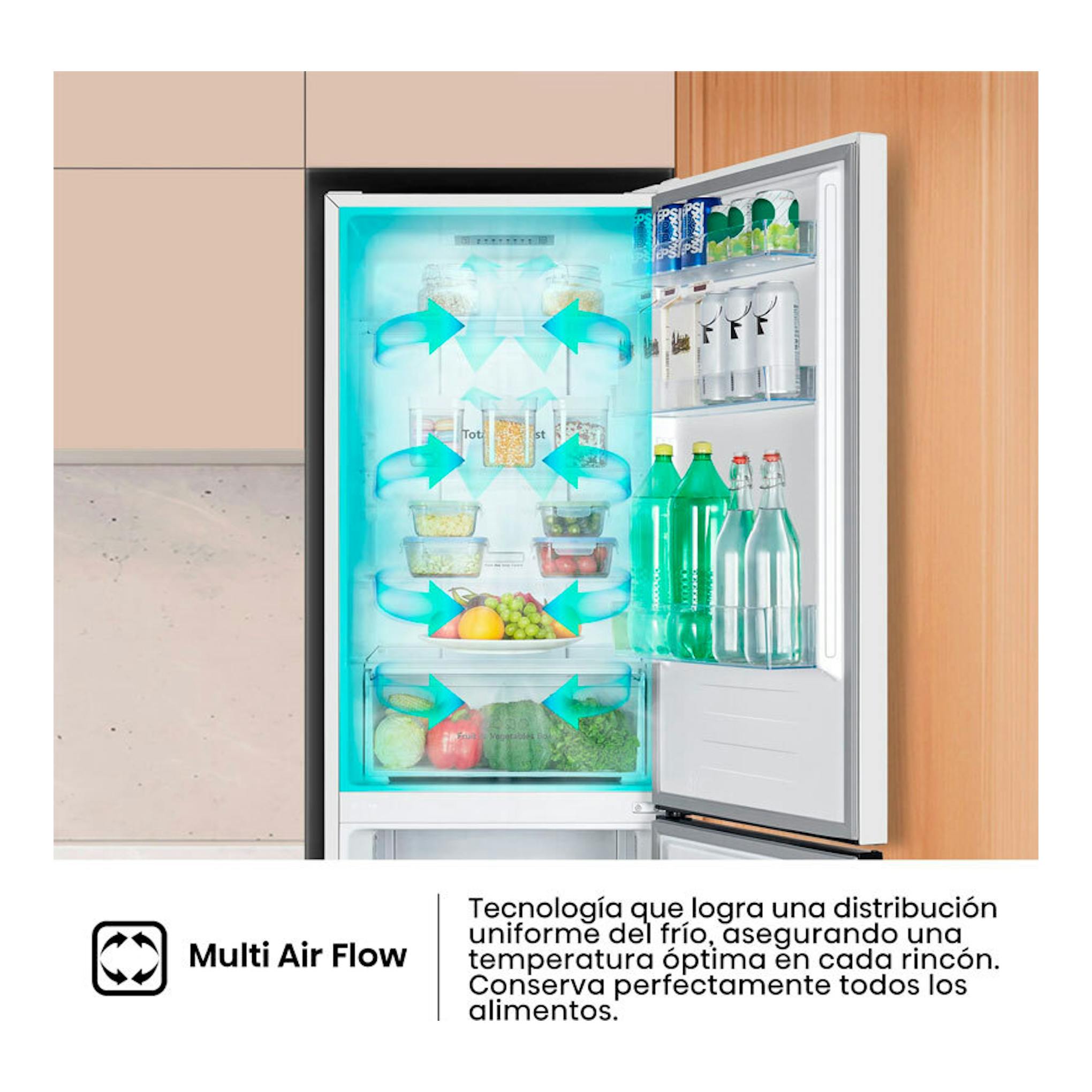 Frigorífico combi Hisense RB390N4AWE1 blanco, vista frontal con puerta abierta y gráficos de flujo de aire.