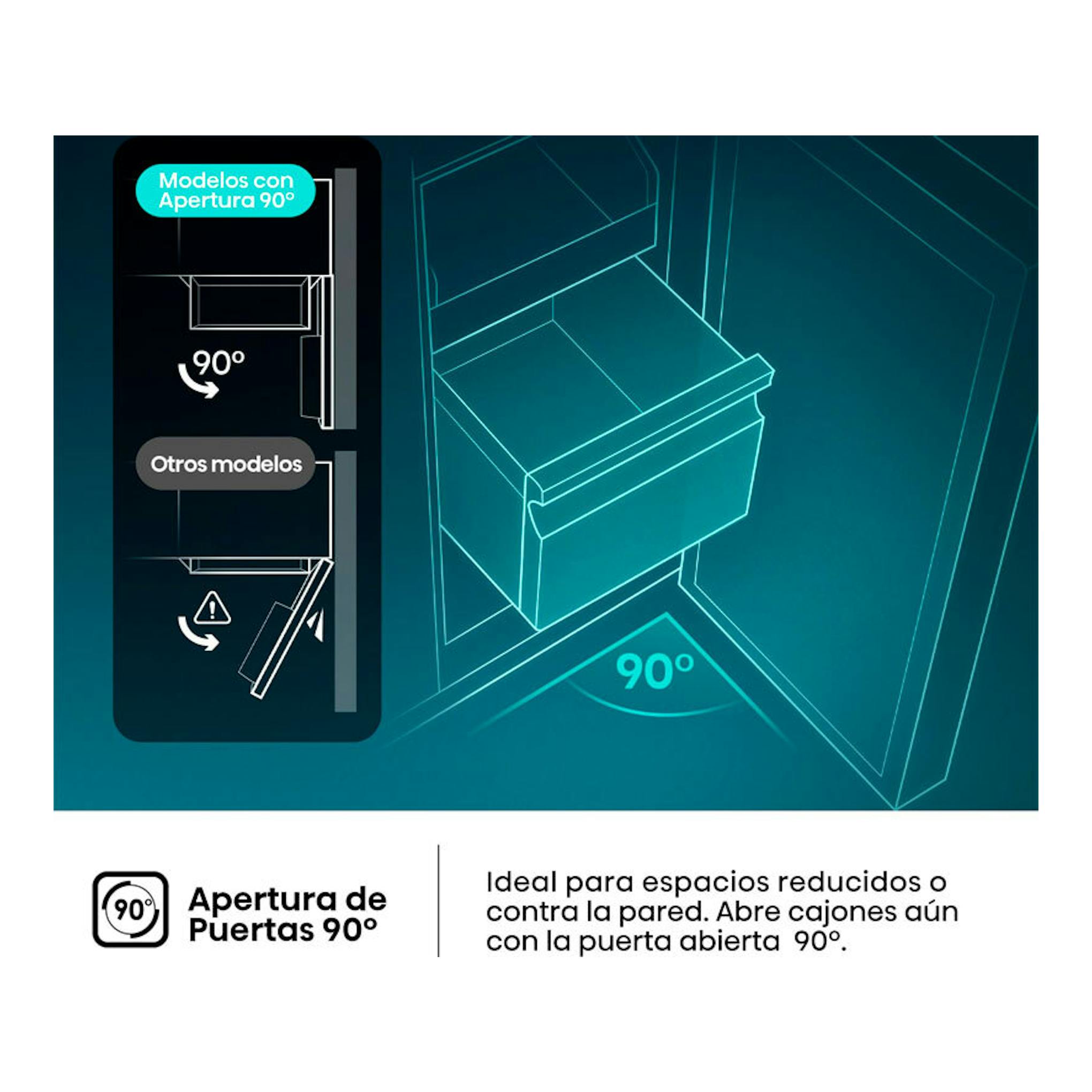 Infografía del frigorífico combi Hisense RB390N4AWE1 blanco, con apertura de puertas a 90°.