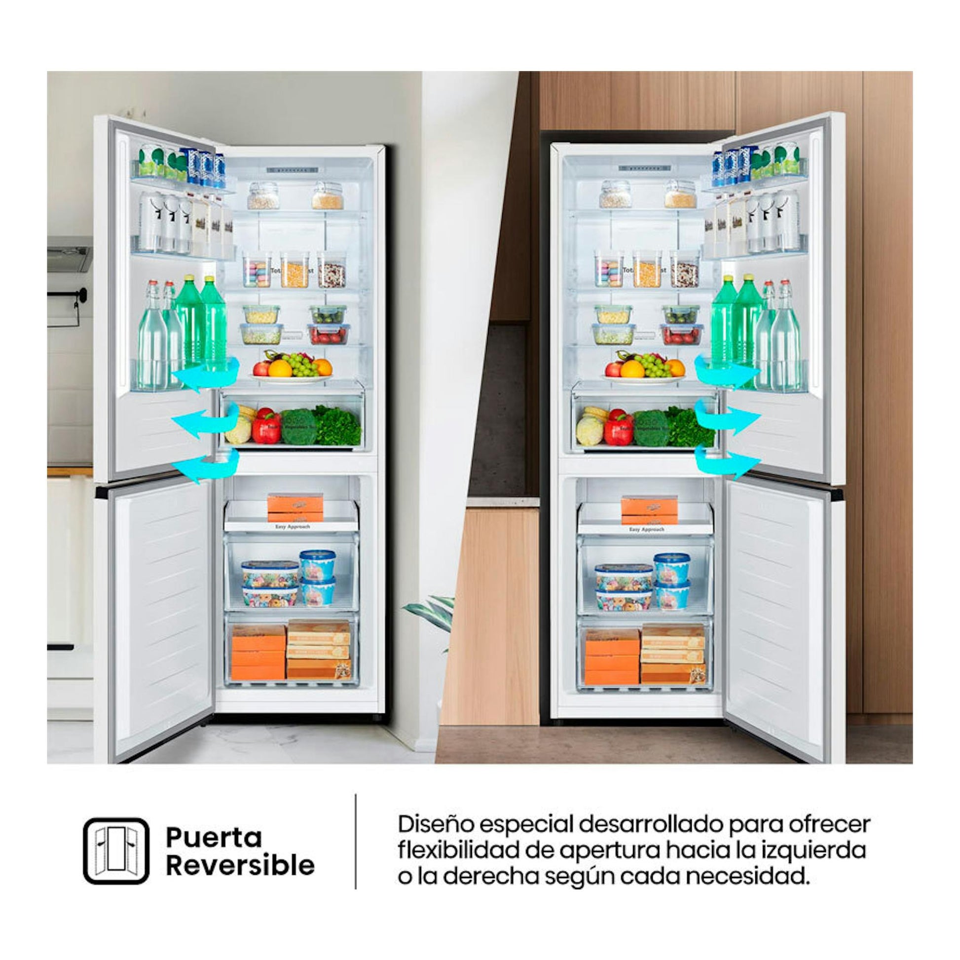 Frigorífico combi Hisense RB390N4AWE1 blanco, vista frontal, con puertas reversibles abiertas a ambos lados.