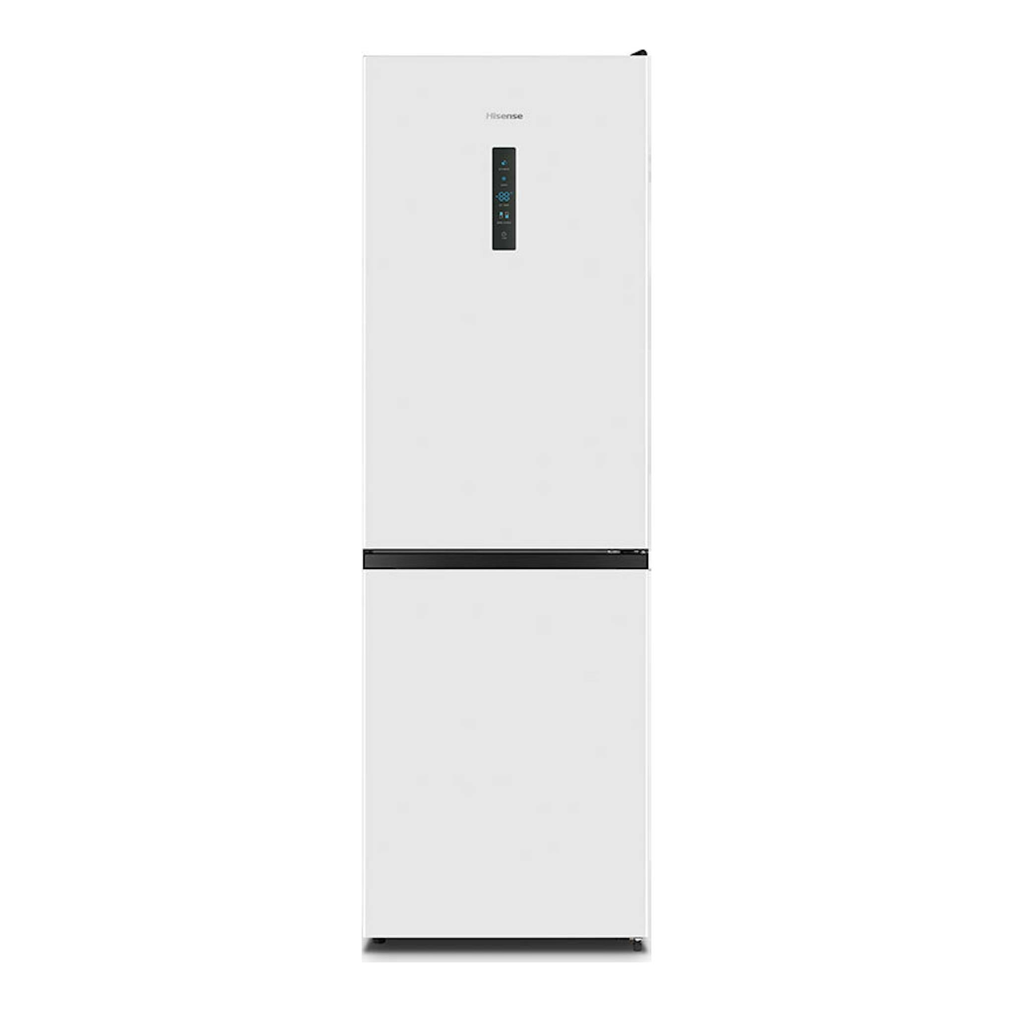 Frigorífico combi Hisense RB390N4BWC blanco, vista frontal, con panel negro central.