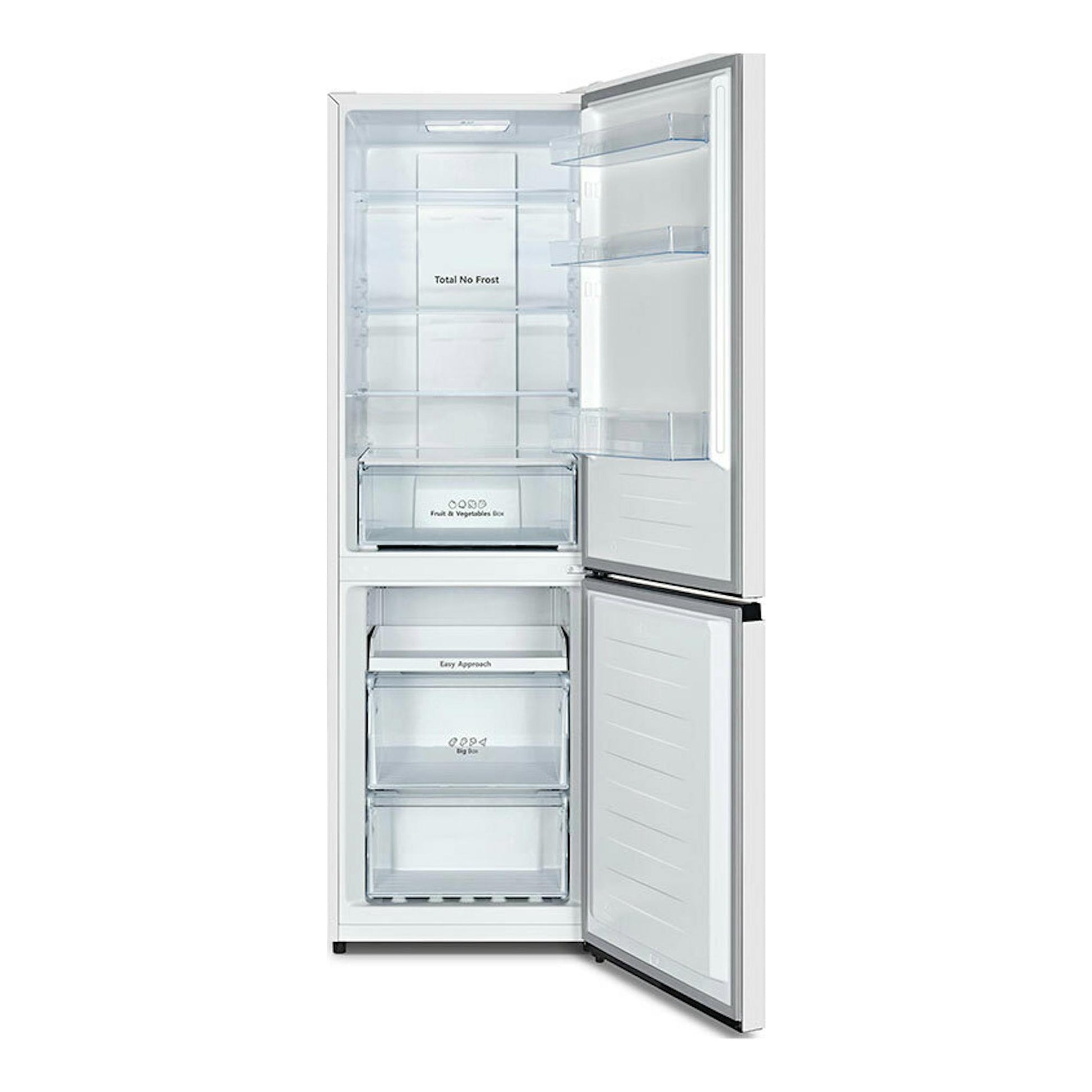 Frigorífico combi Hisense RB390N4BWC blanco, vista frontal con puertas abiertas y compartimentos visibles.