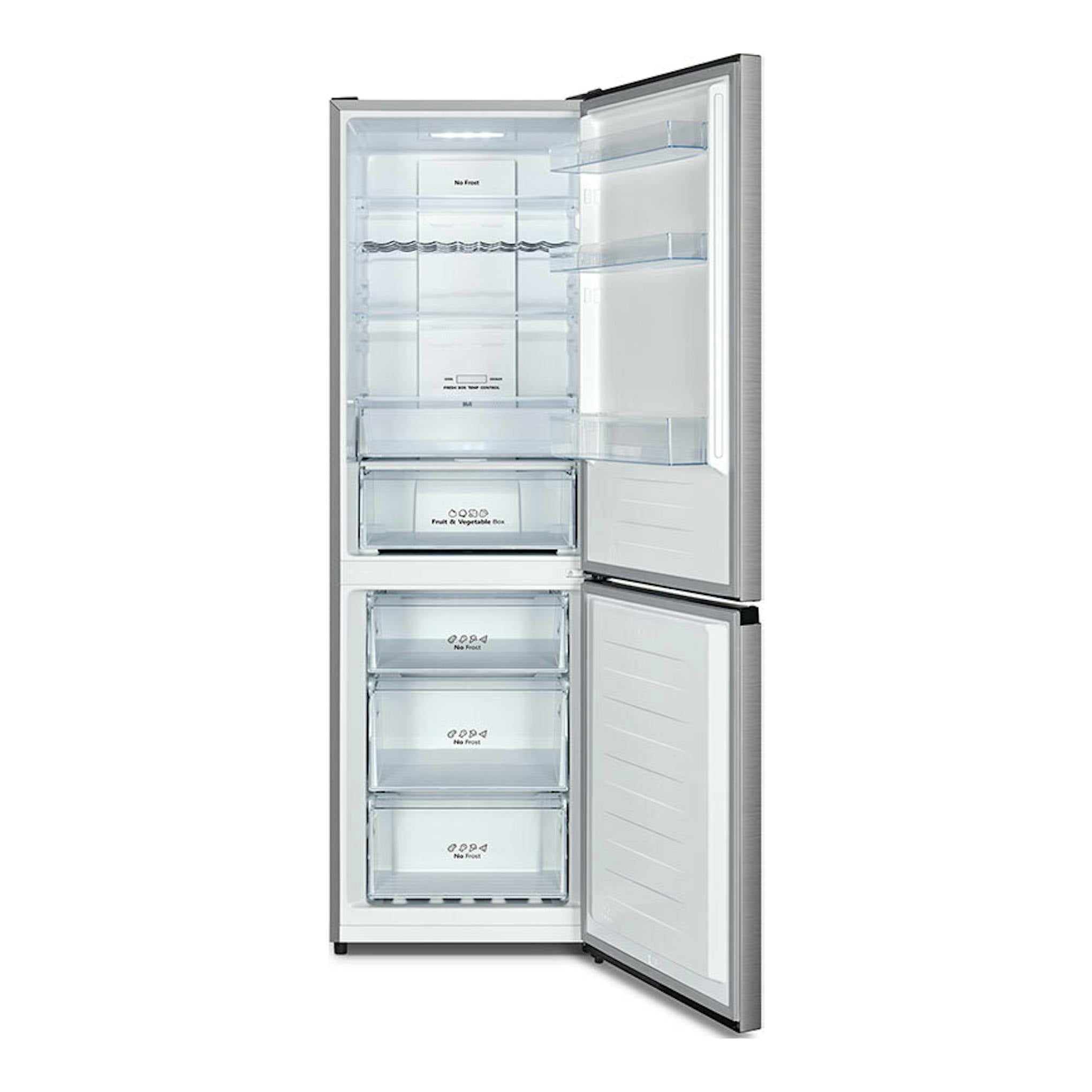 Frigorífico combi Hisense RB390N4CCD inox, vista frontal con puertas abiertas y cajones interiores.