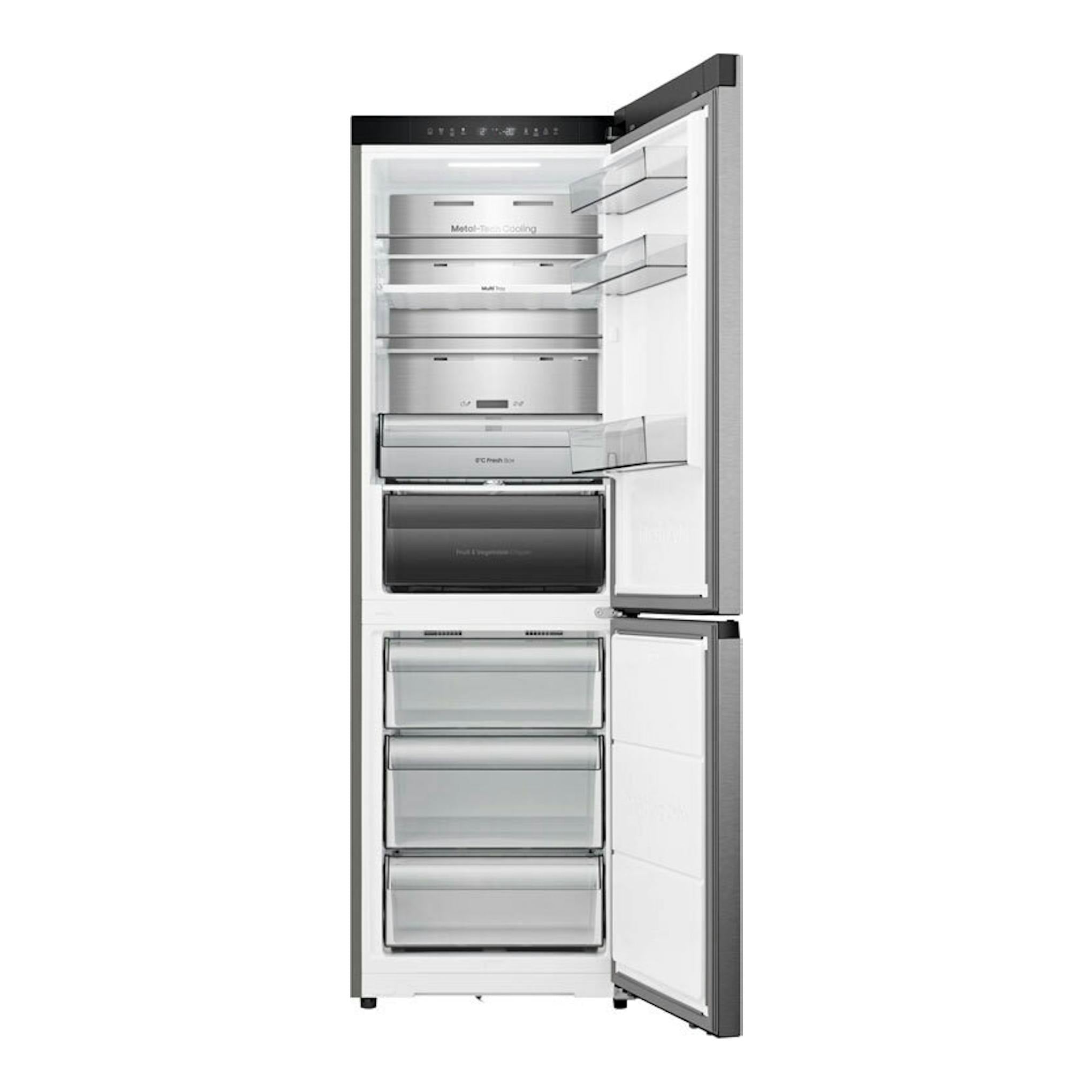 Frigorífico combi Hisense RB3K330SAIC inox, vista frontal con puertas abiertas y cajones interiores visibles.